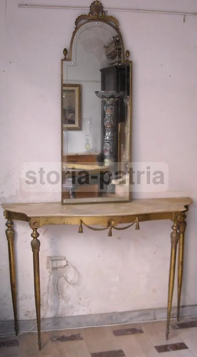 Consolle Art Déco con Specchiera in Metallo Dorato e Marmo, Anni '50
