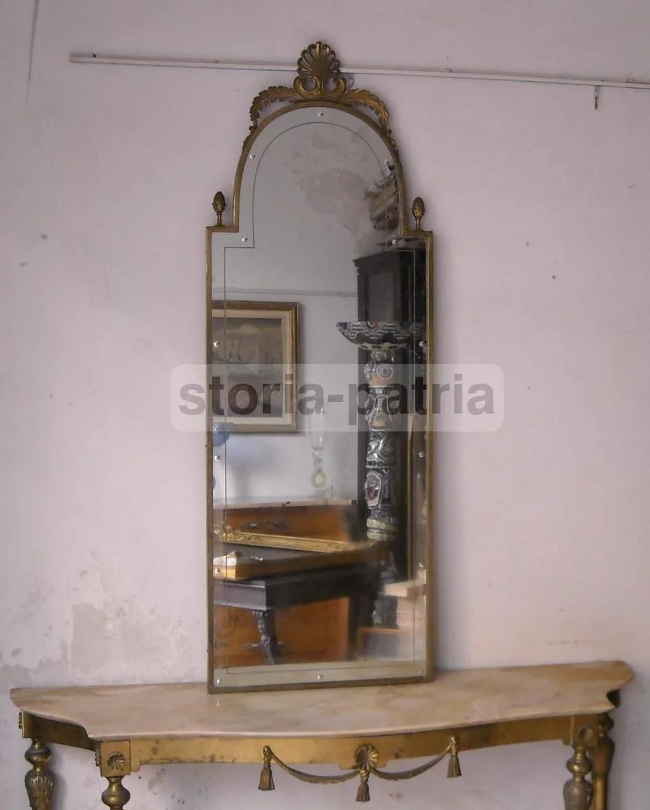 Consolle Art Déco con Specchiera in Metallo Dorato e Marmo, Anni '50
