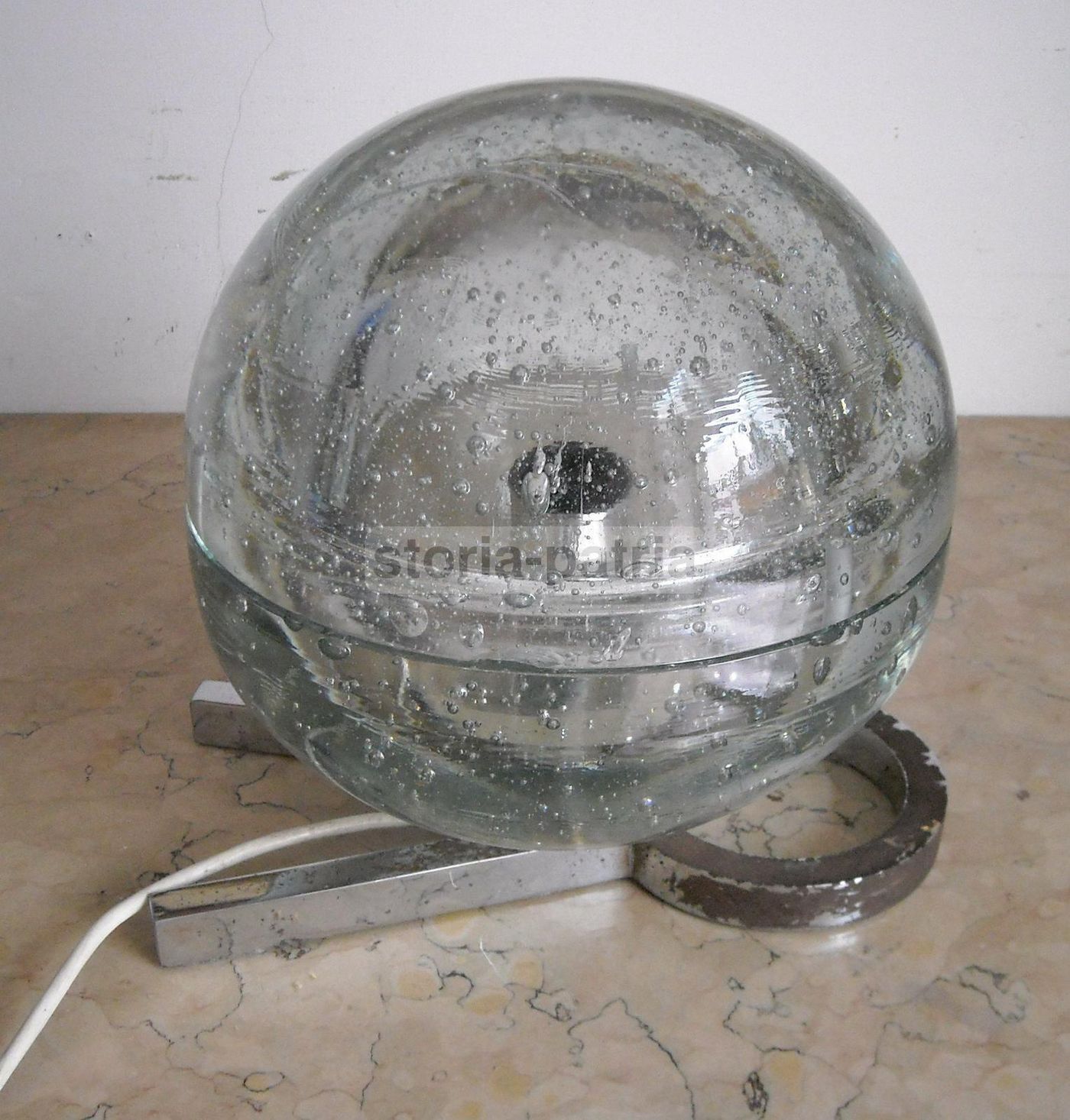 Lampada A Sfera In Vetro Massiccio Anni '70 Cromata Modernariato