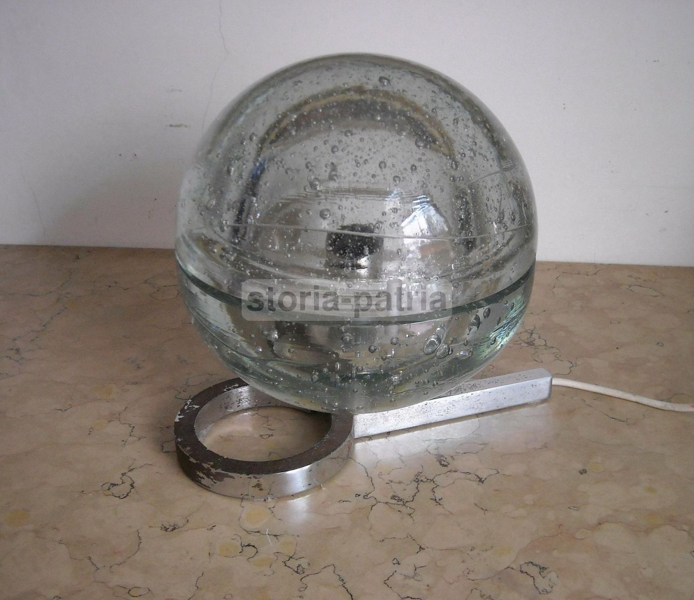 Lampada A Sfera In Vetro Massiccio Anni '70 Cromata Modernariato