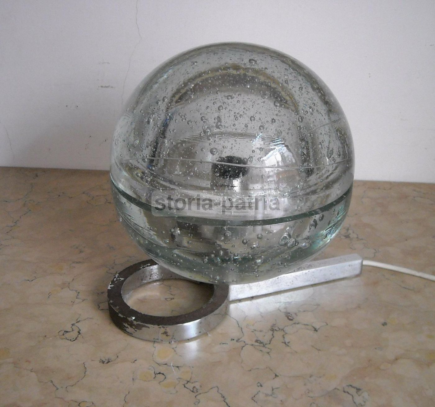 Lampada A Sfera In Vetro Massiccio Anni '70 Cromata Modernariato