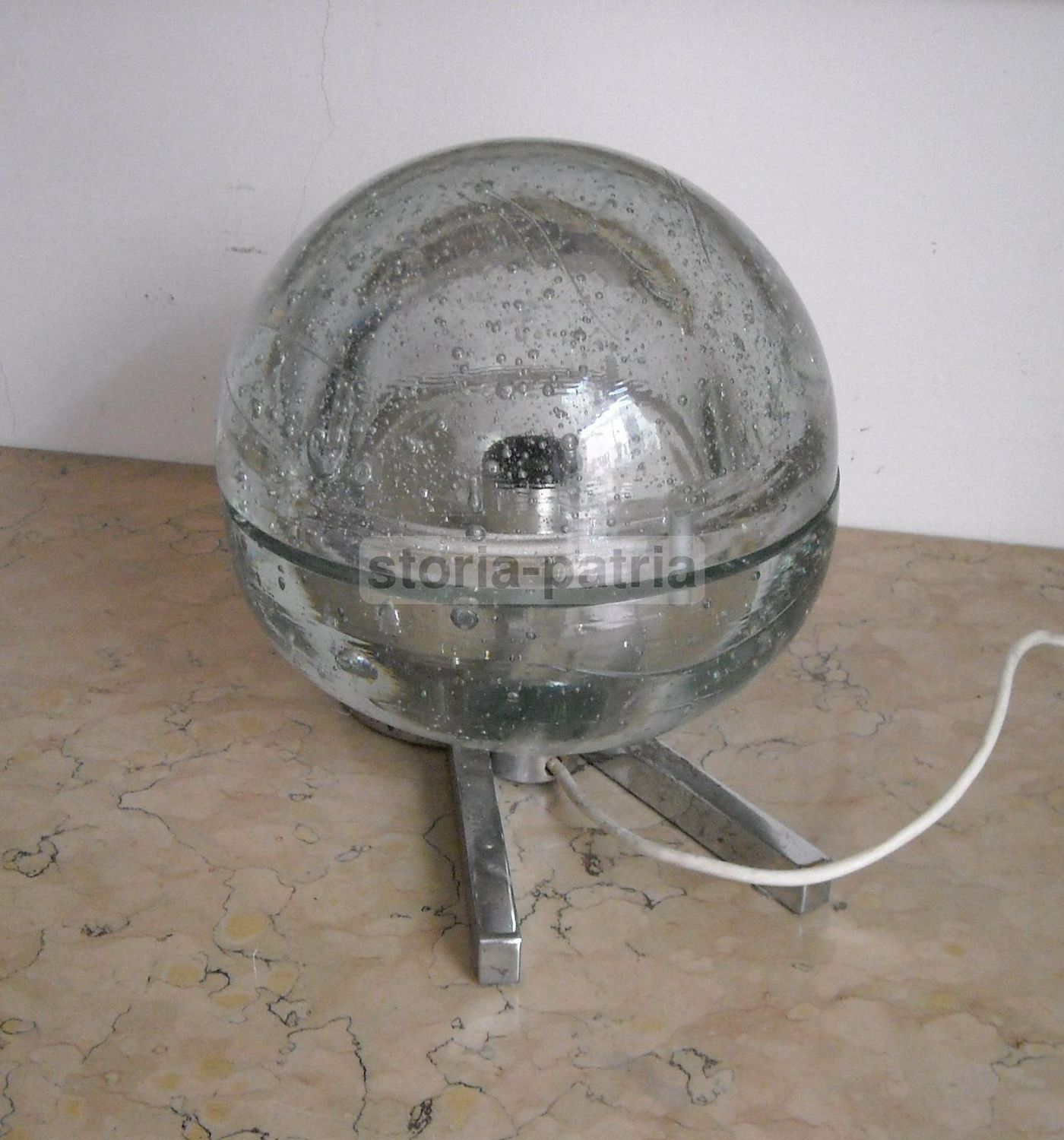 Lampada A Sfera In Vetro Massiccio Anni '70 Cromata Modernariato