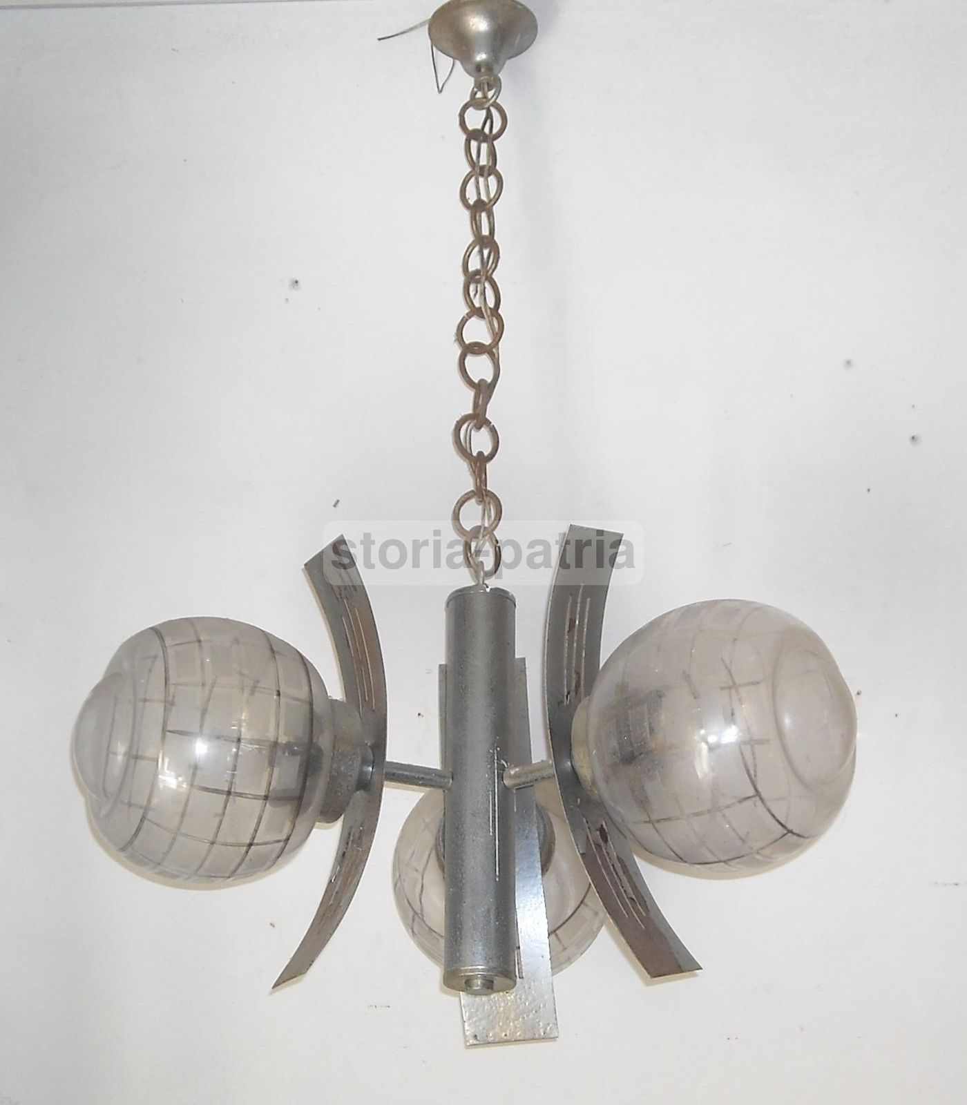 Lampadario Vintage Cromato Tre Luci Vetro Anni '70 Modernariato