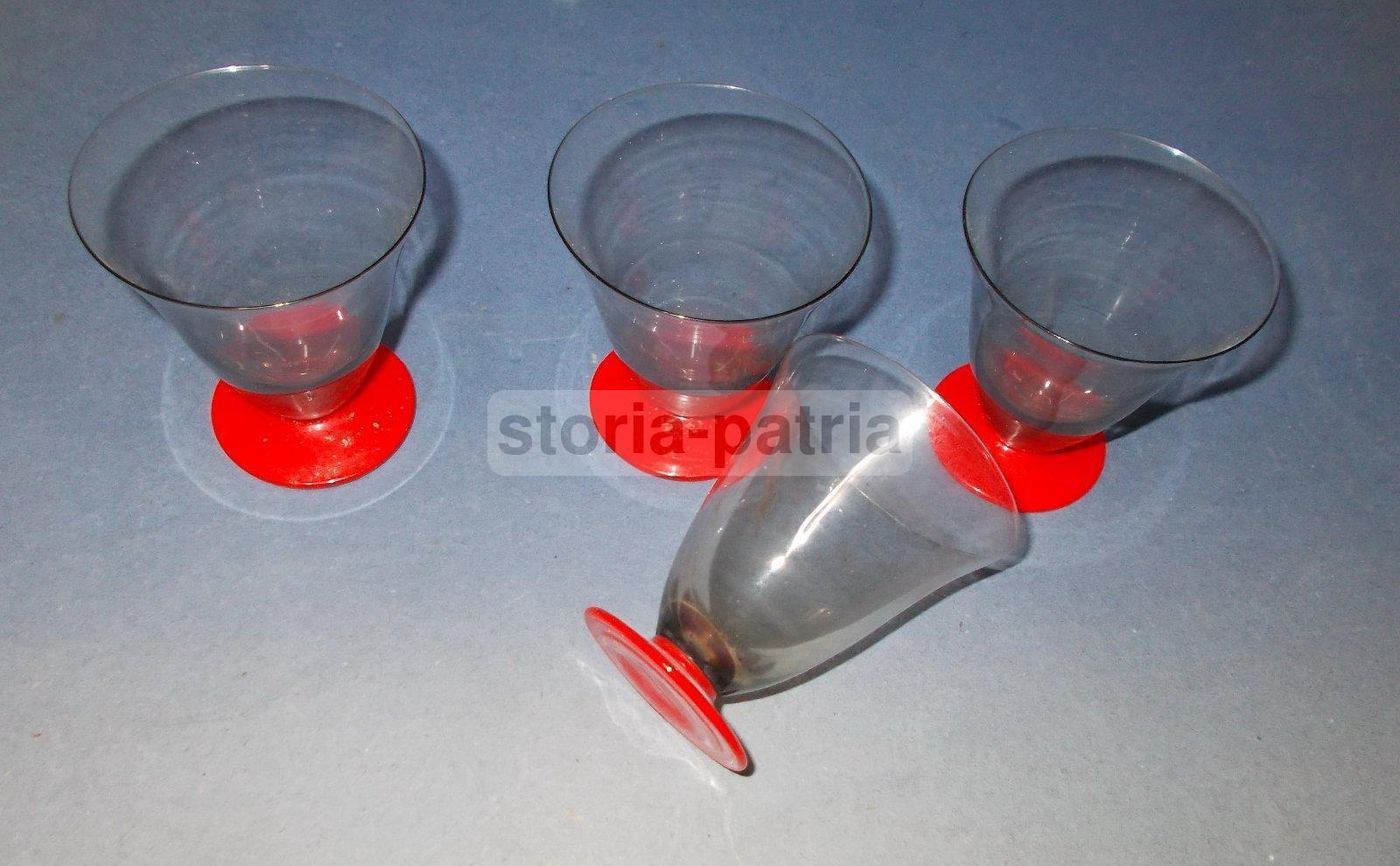 4 Bicchieri Vetro Fumè Base Rossa Stile Futurista Murano Anni '20