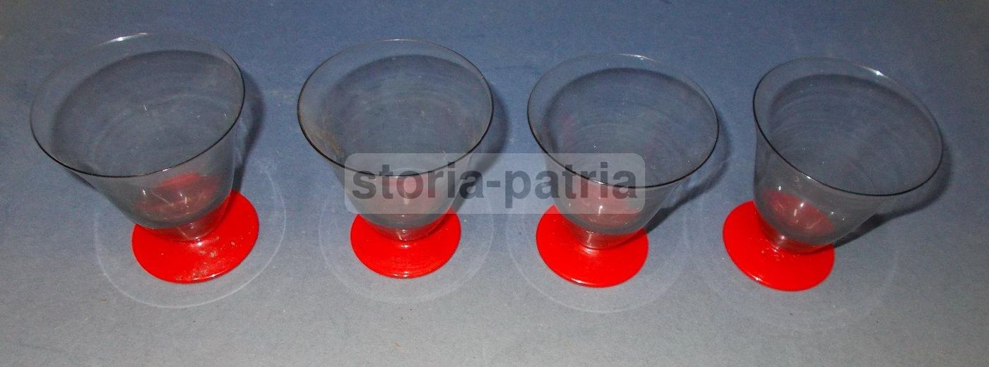 4 Bicchieri Vetro Fumè Base Rossa Stile Futurista Murano Anni '20