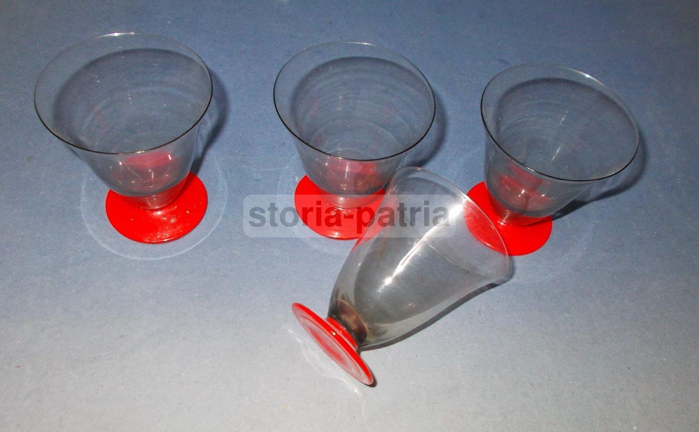4 Bicchieri Vetro Fumè Base Rossa Stile Futurista Murano Anni '20