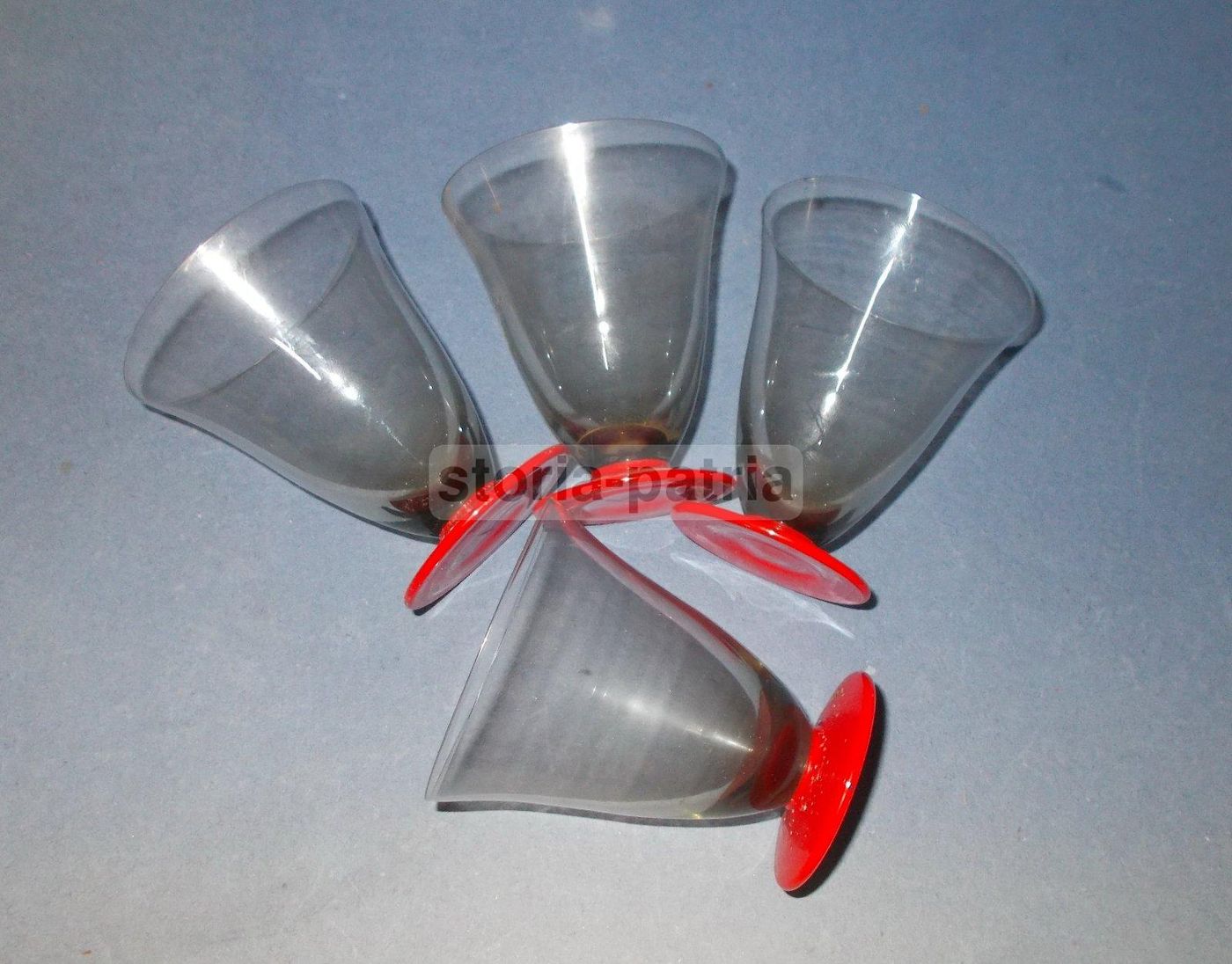 4 Bicchieri Vetro Fumè Base Rossa Stile Futurista Murano Anni '20