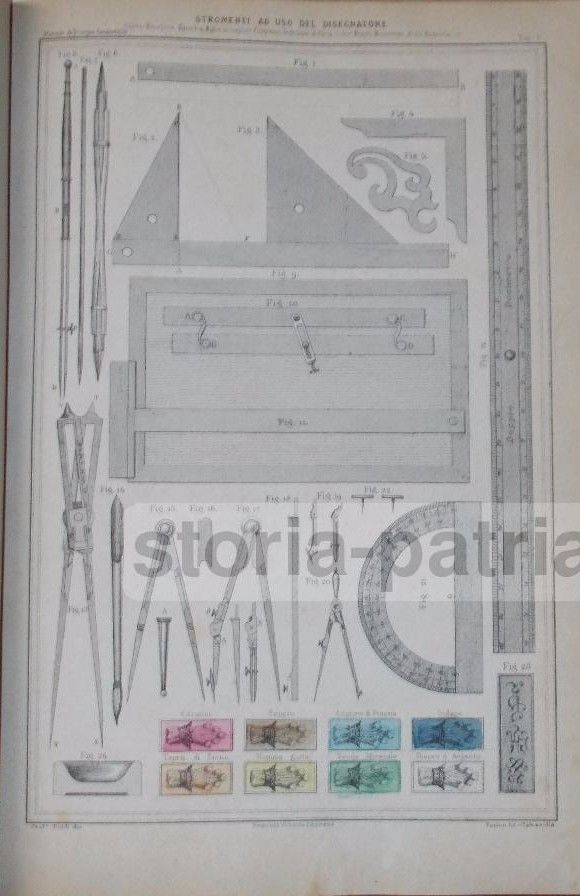 Litografia Antica Strumenti Disegno Compassi Penne Torino 800