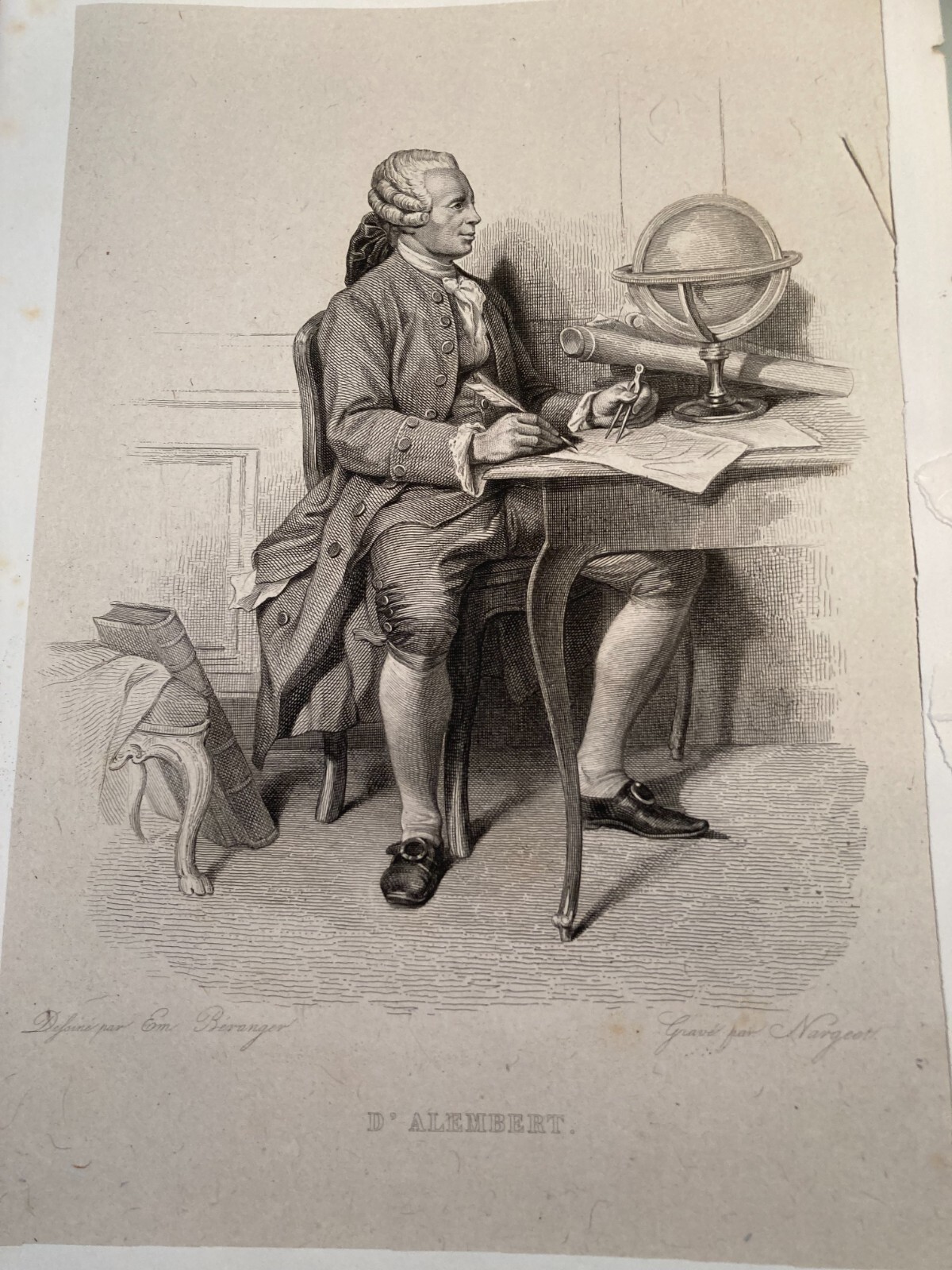 Jean Baptiste d'Alembert: Ritratto A Figura Intera. Incisione Originale Della Metà Dell'Ottocento