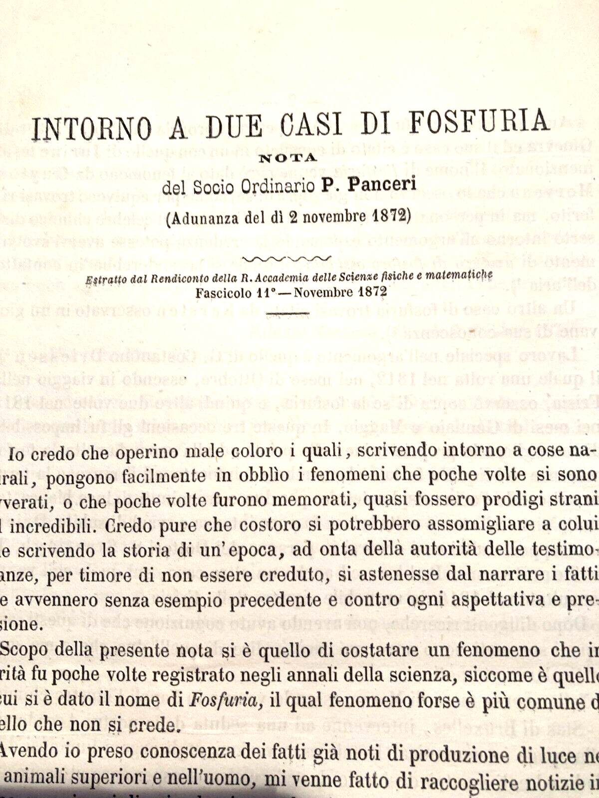 Zoologia, Chimica, Medicina, Scienze: Fosfuria (Napoli, 1872)   Panceri, Jurine, Stas, Dohrn