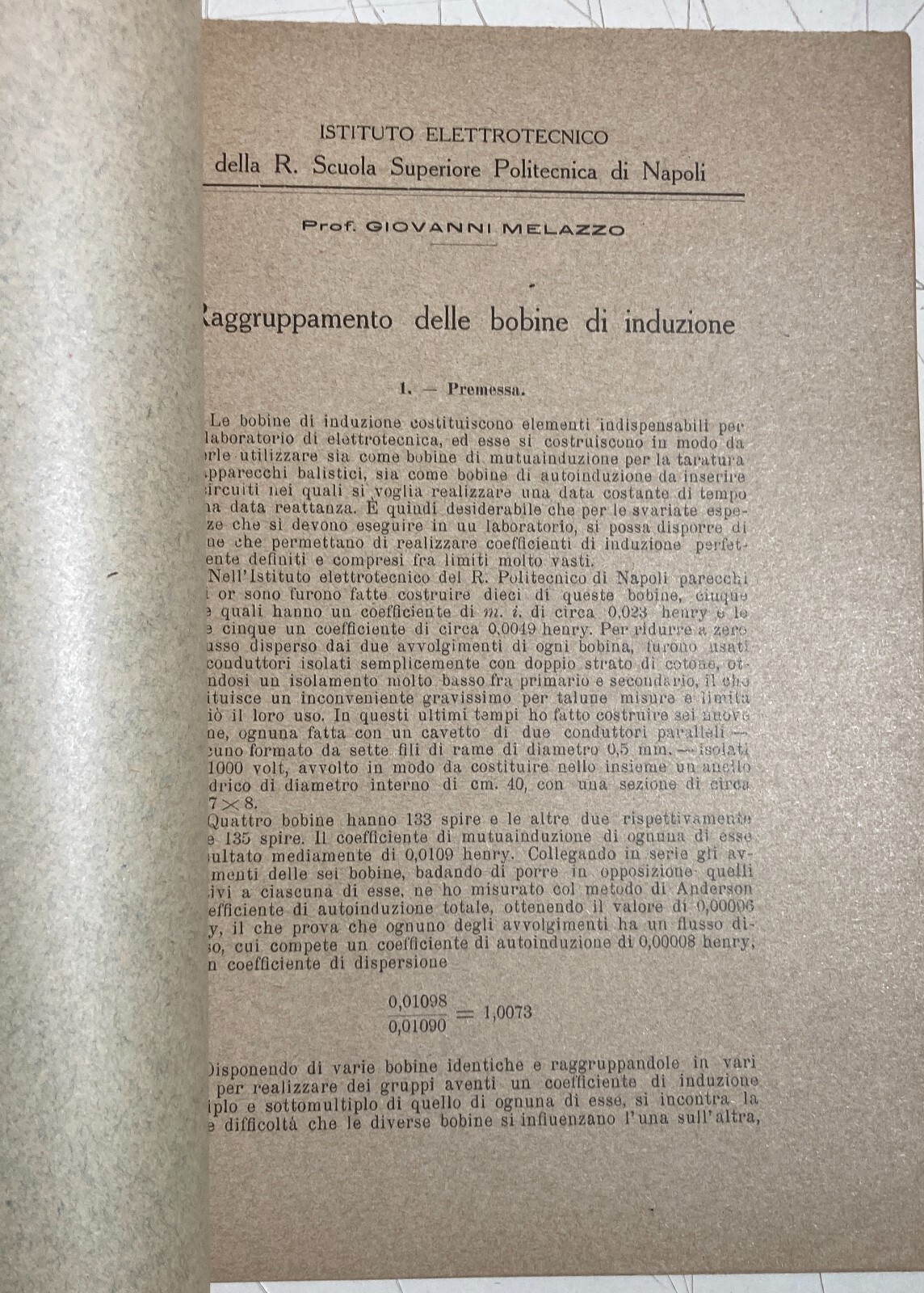 Elettricità: Ingegneria Elettrotecnica. Napoli, Melazzo, Bobine Di Induzione, 1924