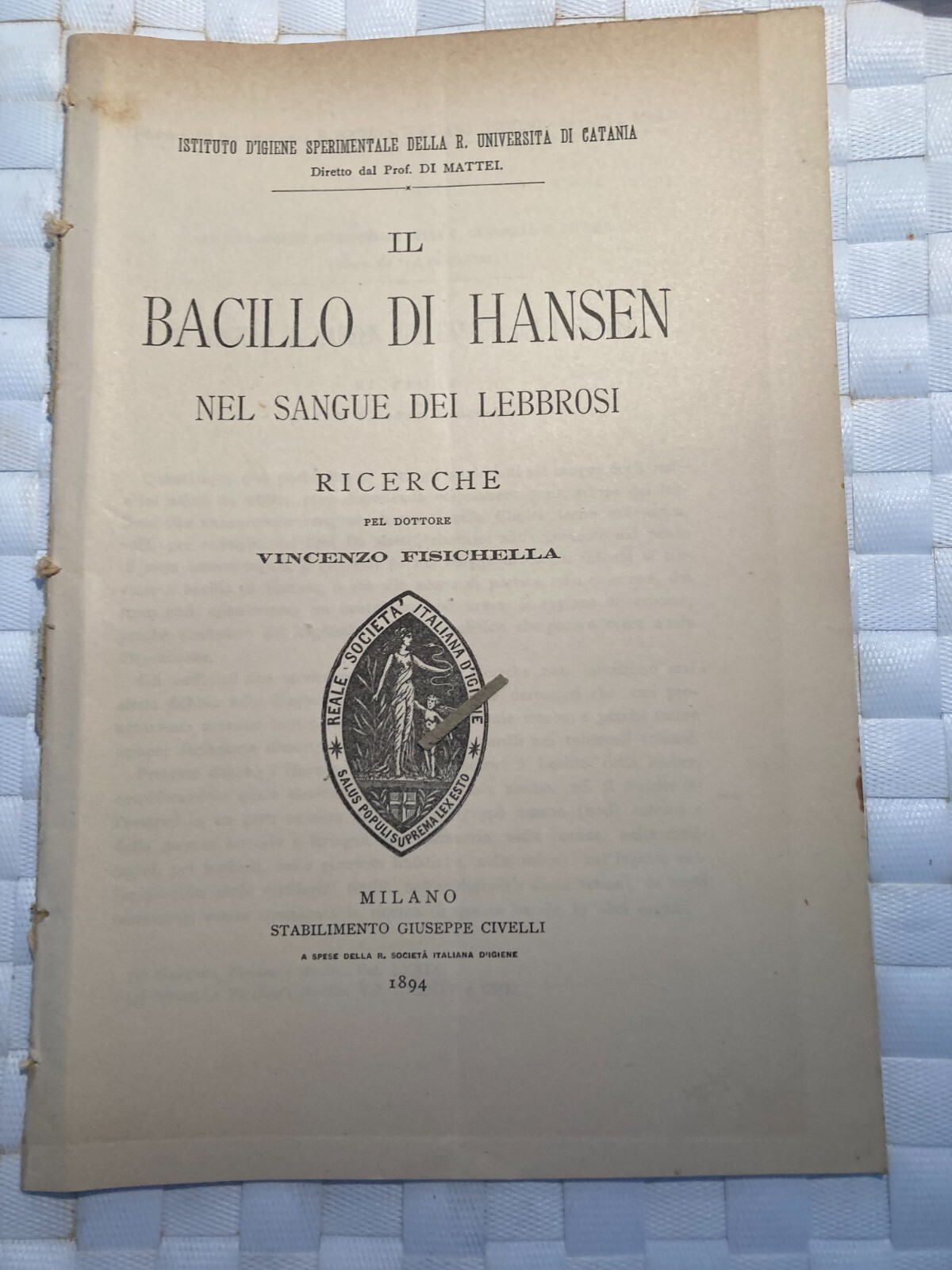 Medicina: Il Bacillo Di Hansen Nel Sangue Dei Lebbrosi   Fisichella, De Mattei   Catania, 1894