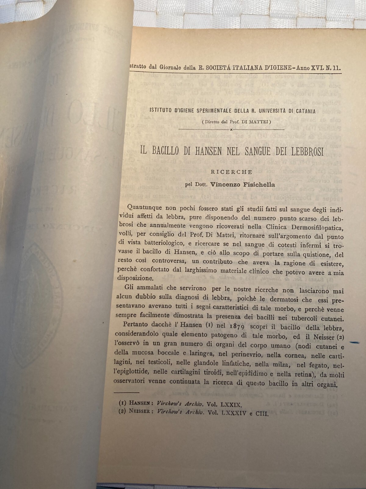 Medicina: Il Bacillo Di Hansen Nel Sangue Dei Lebbrosi   Fisichella, De Mattei   Catania, 1894