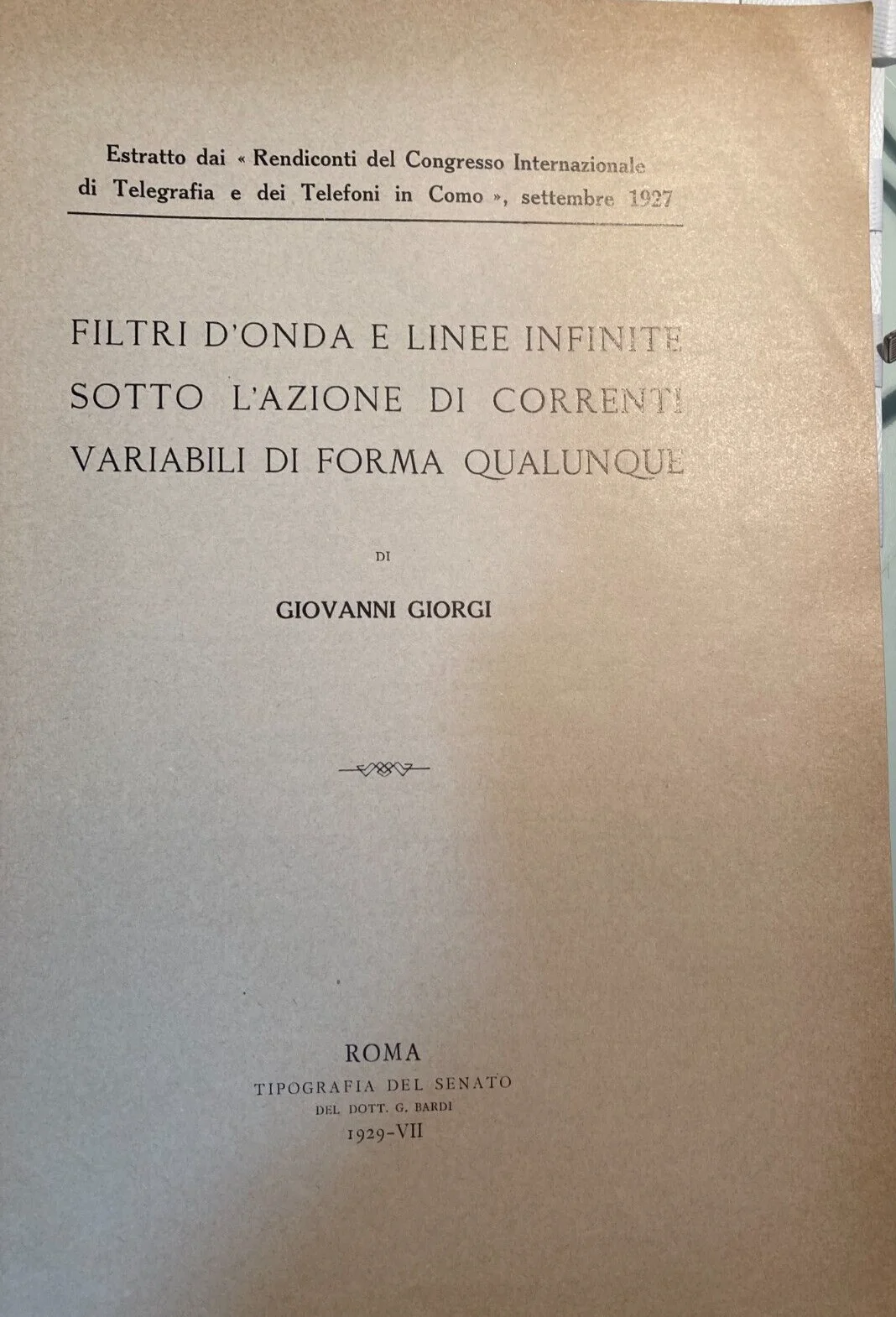 Engineering, Electricity, Wave Filters, Telegraphy, Giovanni Giorgi, Rome, 1929