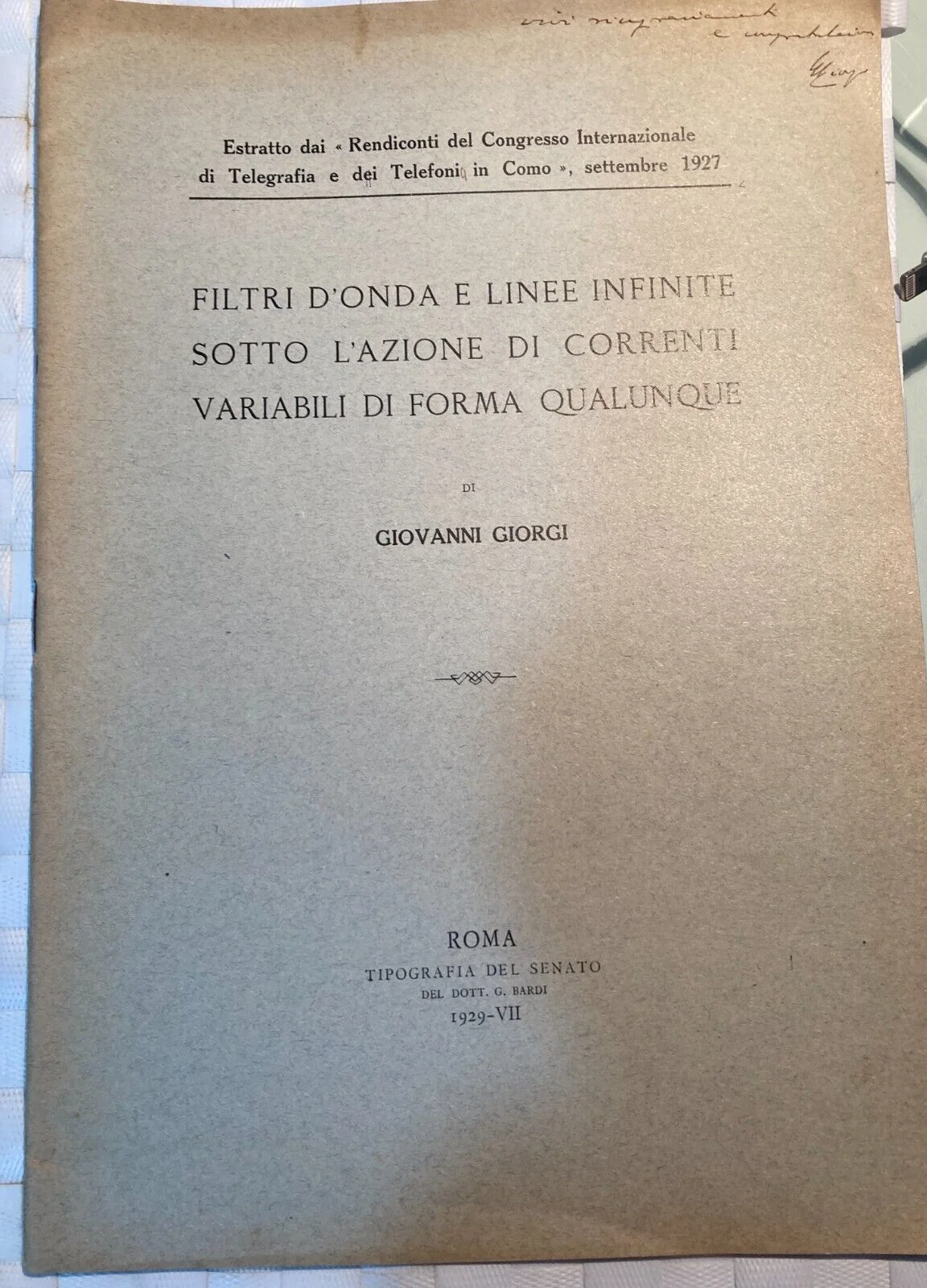 Engineering, Electricity, Wave Filters, Telegraphy, Giovanni Giorgi, Rome, 1929