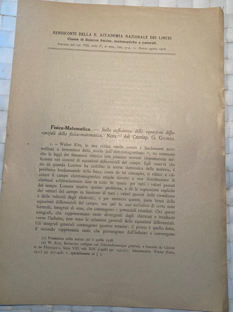 Fisica, Matematica, Onde, Teoria Dei Campi   Giovanni Giorgi   Accademia Nazionale Dei Lincei   Roma, 1928