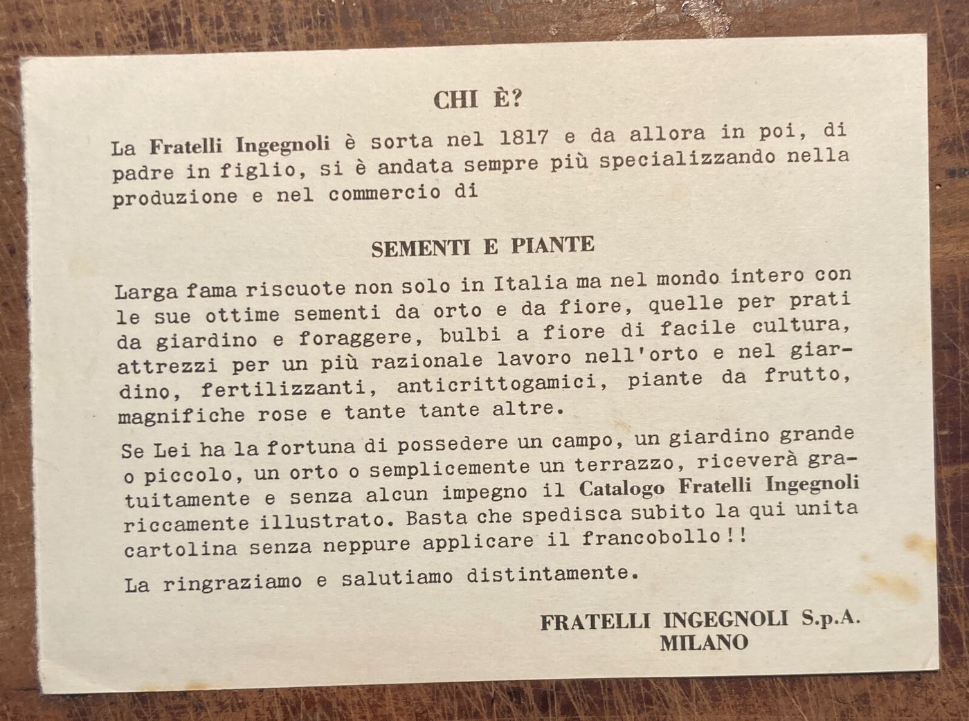 Agraria, Botanica, Sementi, Piante, Attrezzi. Pubblicitaria Ingegnoli, Milano