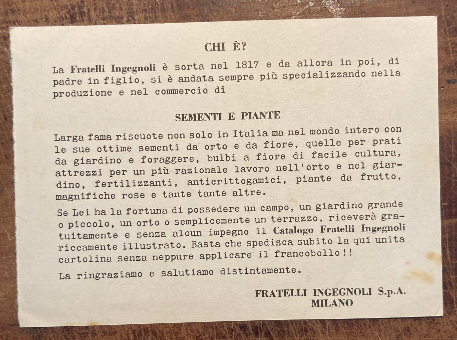 Agraria, Botanica, Sementi, Piante, Attrezzi. Pubblicitaria Ingegnoli, Milano