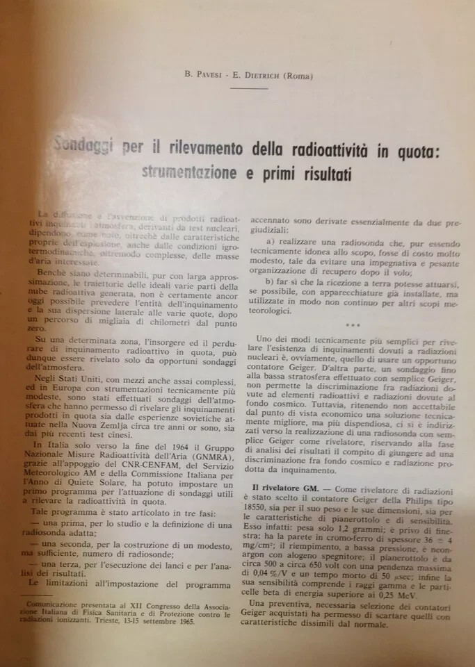 Pavesi Dietrich. Sondaggi Per Il Rilevamento Della Radioattività In Quota, 1966