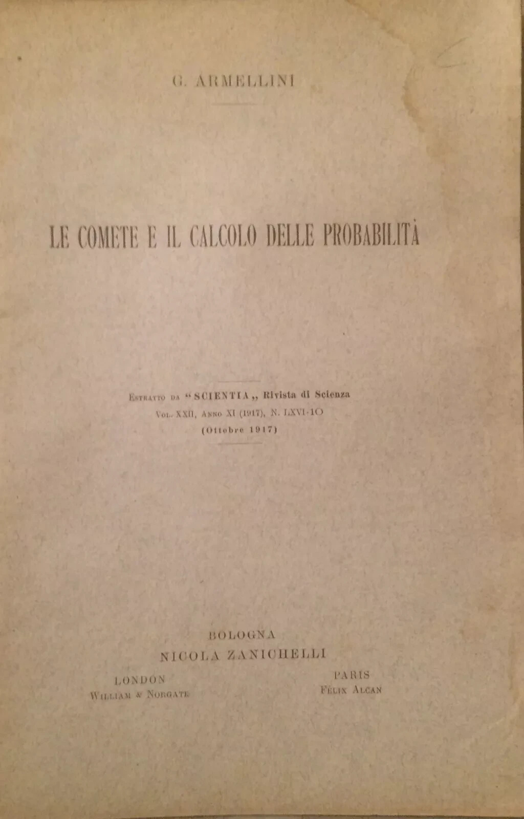 Astronomia, Fisica, Comete, Calcolo Delle Probabilità: Antico Estratto Di Armellini