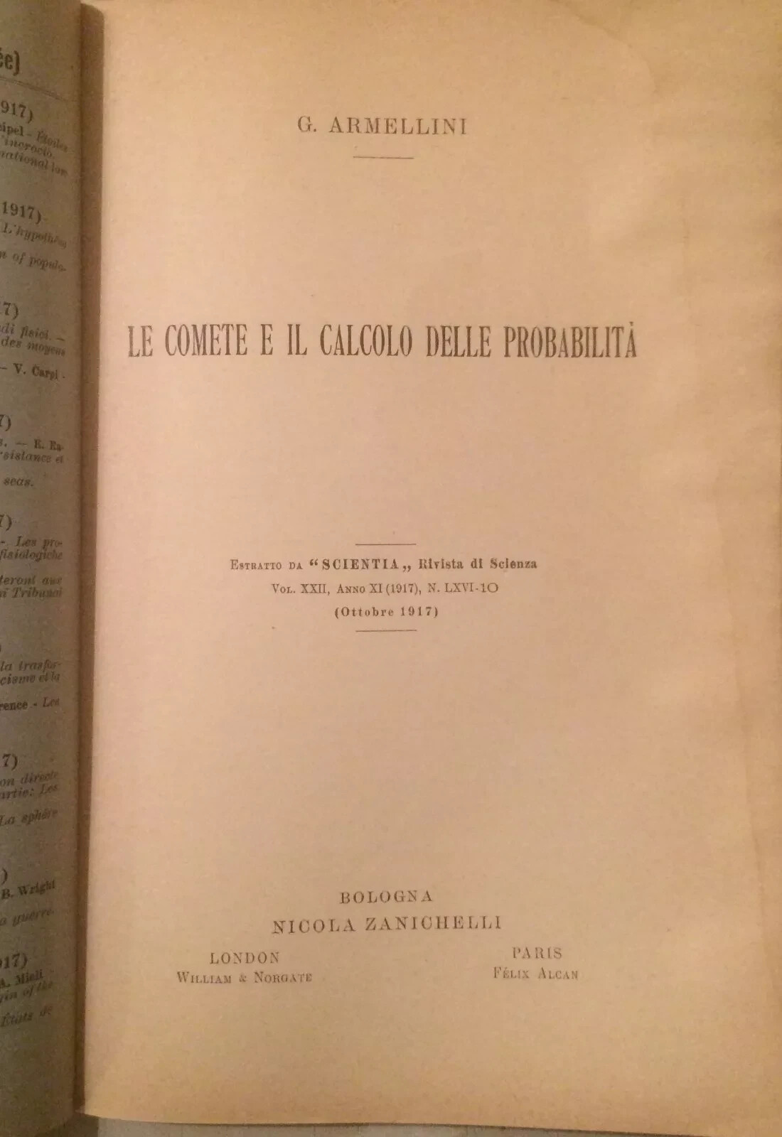 Astronomia, Fisica, Comete, Calcolo Delle Probabilità: Antico Estratto Di Armellini