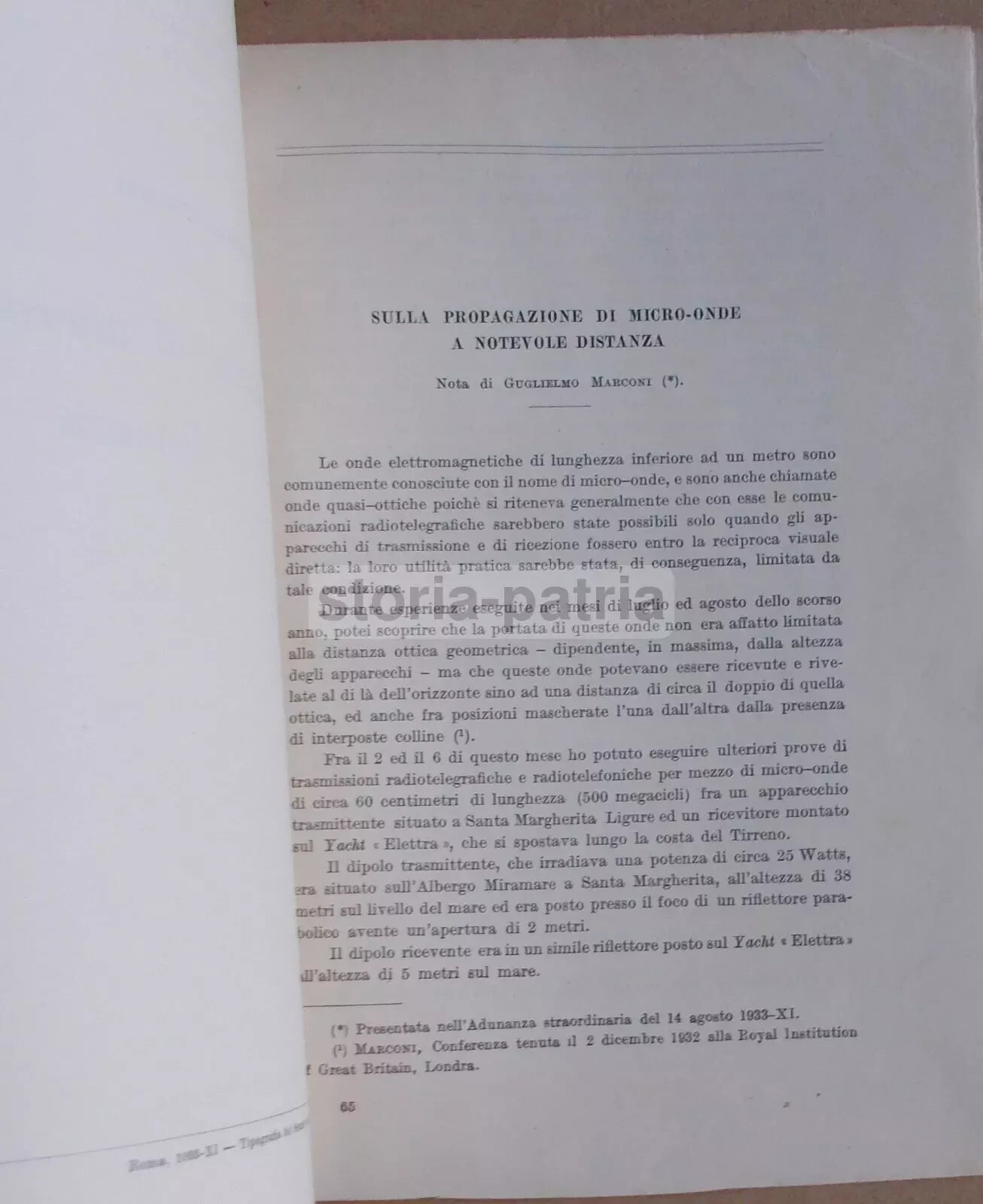 Guglielmo Marconi, Sulla Propagazione Di Micro Onde A Notevole Distanza (1933)