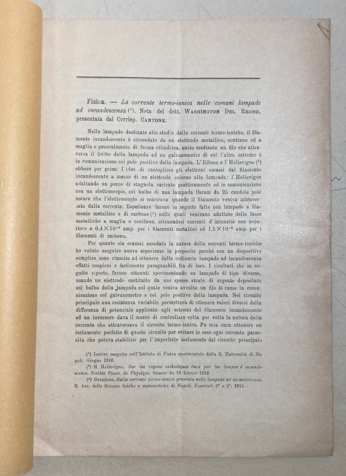 Washington Del Regno, La Corrente Termo Ionica Nelle Comuni Lampade Ad Incandescenza, Roma, 1917