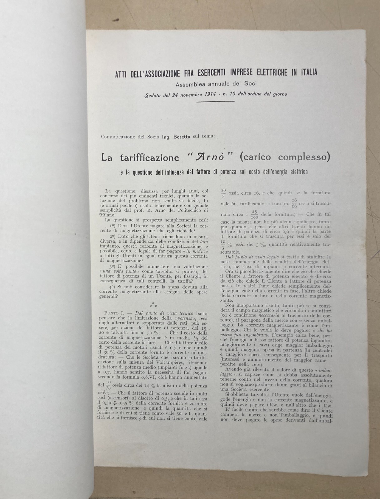 Elettricità, Elettrotecnica E Tarifficazione Arnò: L'Influenza Del Fattore Di Potenza (1915)