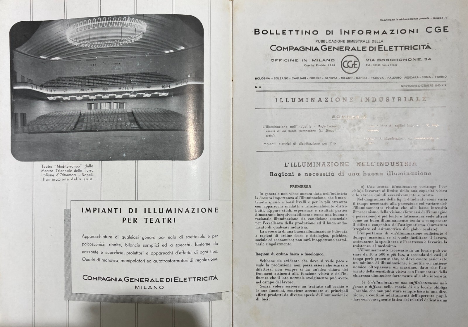 Elettricità, Elettrotecnica, Illuminazione, Lampade: Bollettino CGE   Napoli   1940