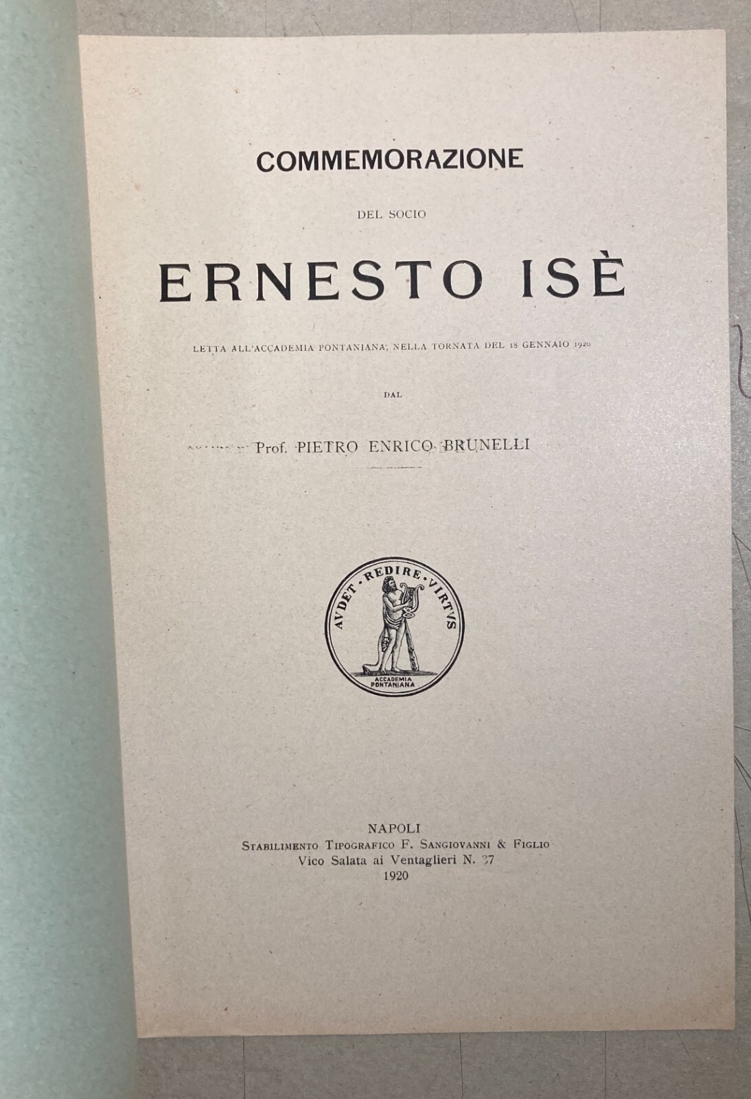 Ingegneria   Napoli   Accademia Pontaniana   Brunelli   Commemorazione Di Ernesto Isè