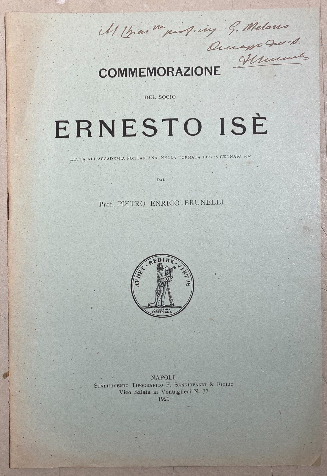 Ingegneria   Napoli   Accademia Pontaniana   Brunelli   Commemorazione Di Ernesto Isè