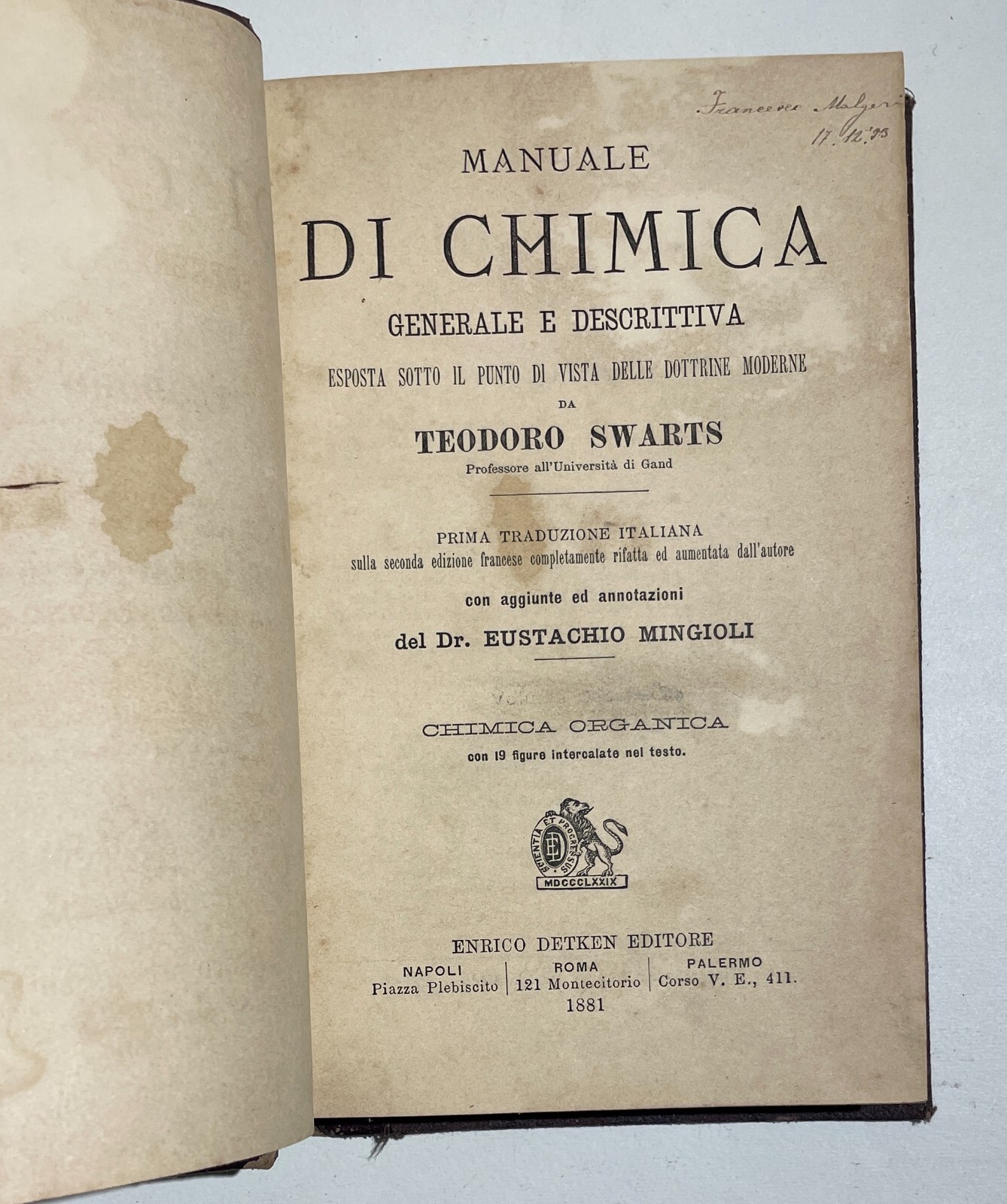 Chimica   Antico Manuale   Swarts   Mingioli   1880   Due Volumi   Con Figure Nel Testo