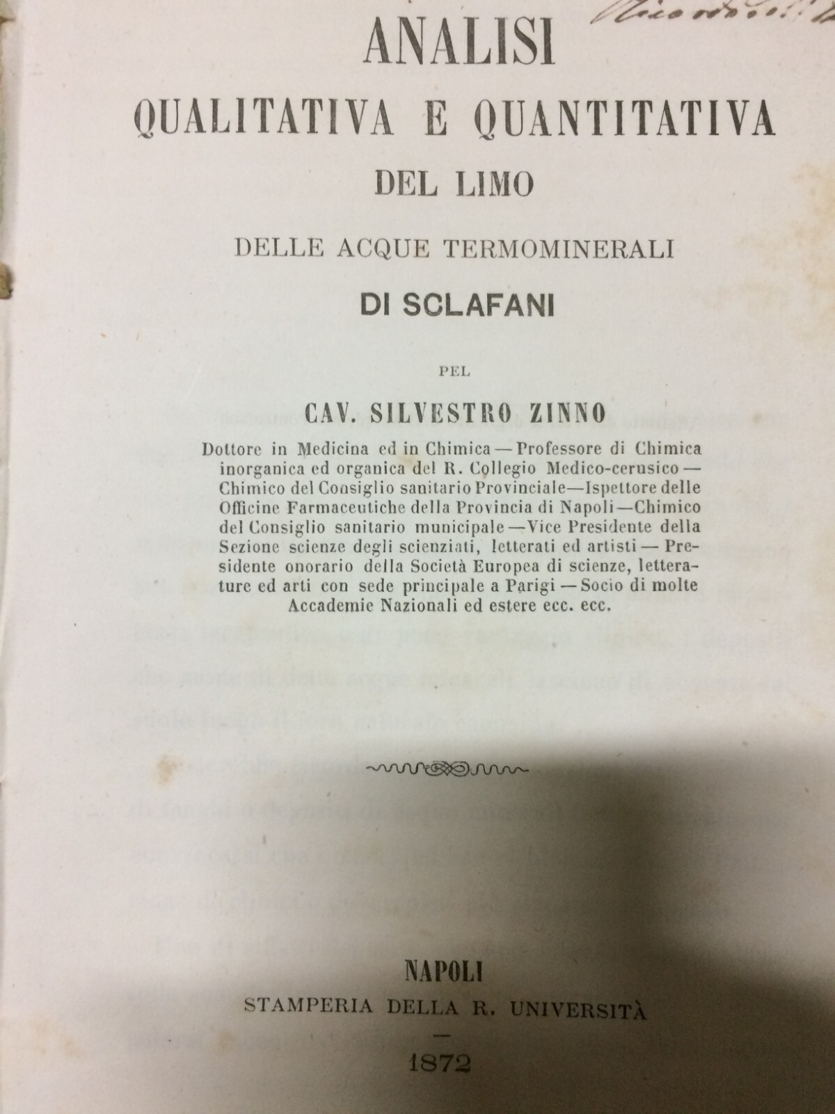 Sicilia, Sclafani: Analisi Qualitativa E Quantitativa Del Limo Delle Acque Termominerali. Silvestro Zinno, 1872