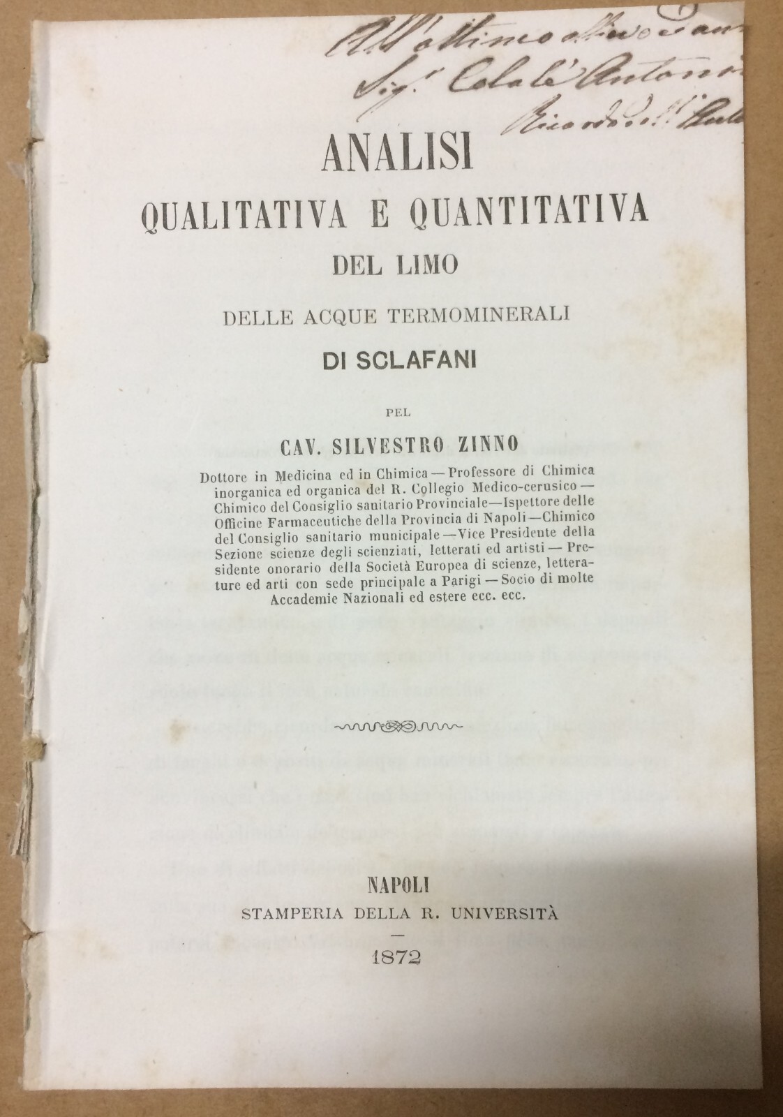 Sicilia, Sclafani: Analisi Qualitativa E Quantitativa Del Limo Delle Acque Termominerali. Silvestro Zinno, 1872
