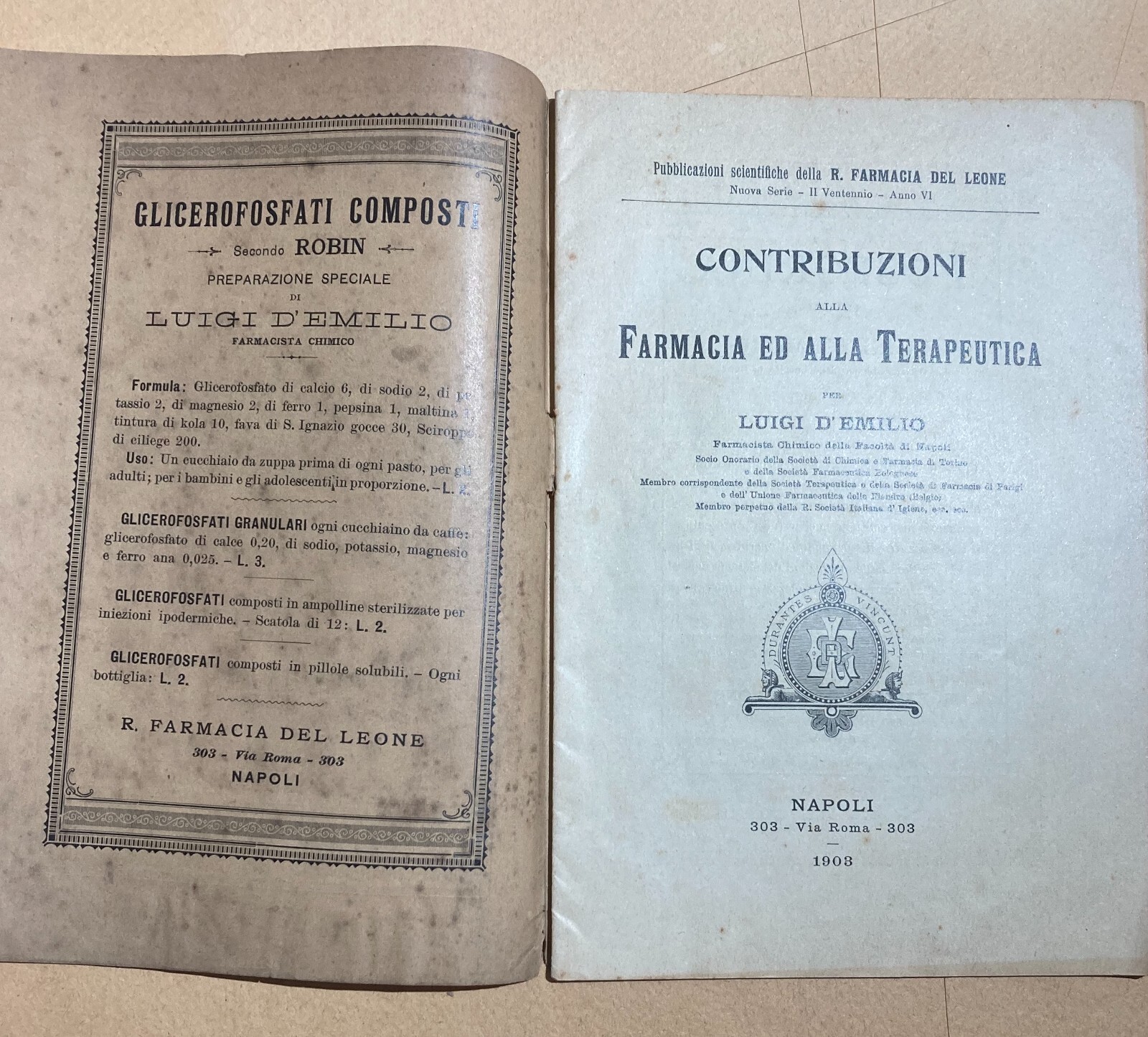 Napoli Farmacia Del Leone Chimico d'Emilio Erboristeria Bagni Naturali Acque 1903