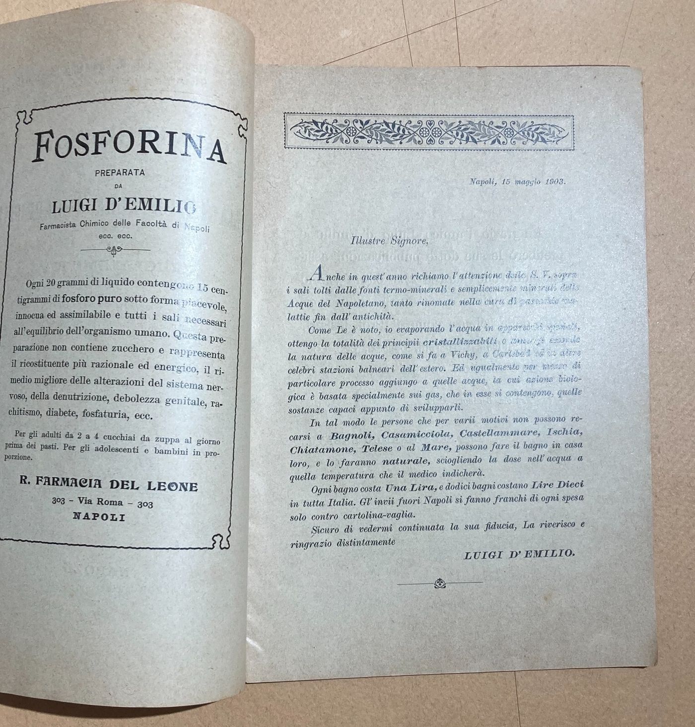 Napoli   Farmacia Del Leone   Chimico d'Emilio   Erboristeria   Bagni Naturali   Acque   1903