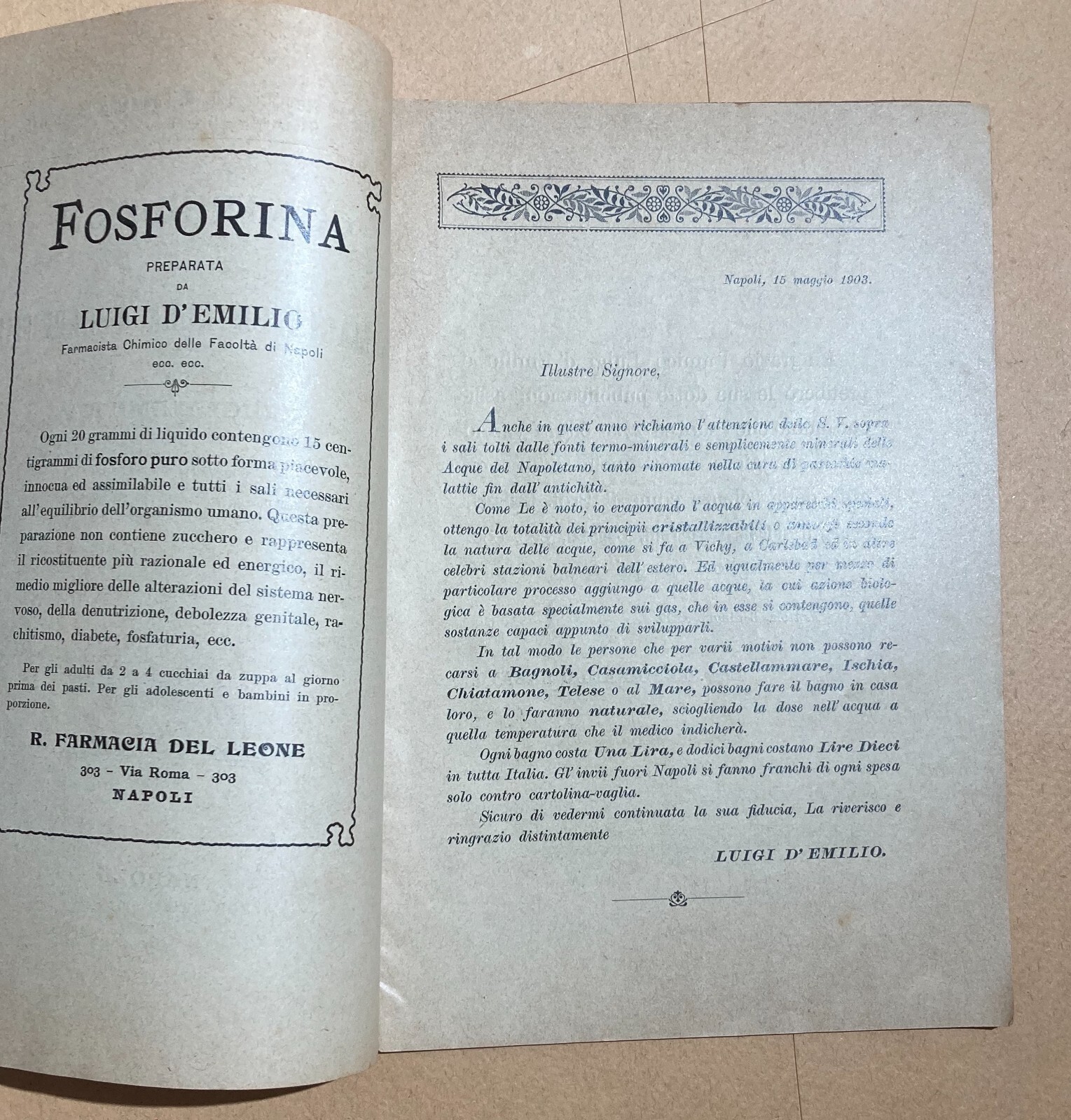 Napoli Farmacia Del Leone Chimico d'Emilio Erboristeria Bagni Naturali Acque 1903
