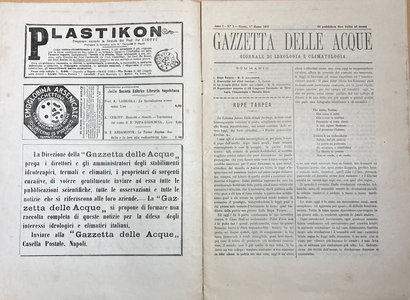 Napoli: Medicina, Igiene Sanitaria, Gazzetta Delle Acque, Idrologia E Climatologia, 1908