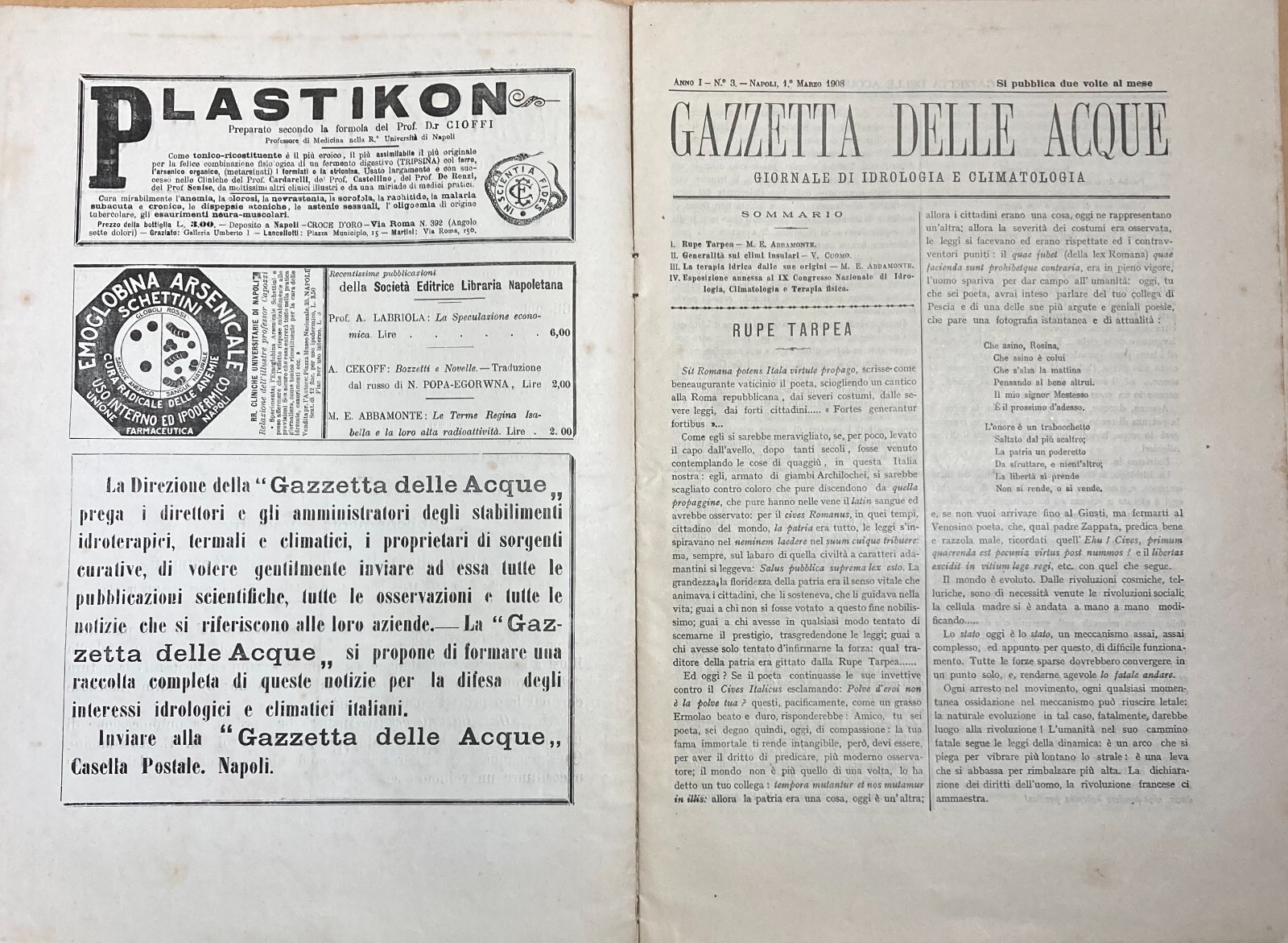 Napoli: Medicina, Igiene Sanitaria, Gazzetta Delle Acque, Idrologia E Climatologia, 1908