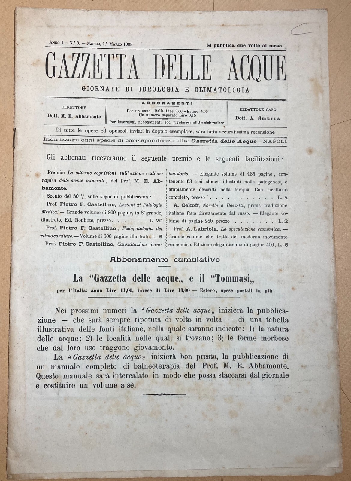 Napoli: Medicina, Igiene Sanitaria, Gazzetta Delle Acque, Idrologia E Climatologia, 1908