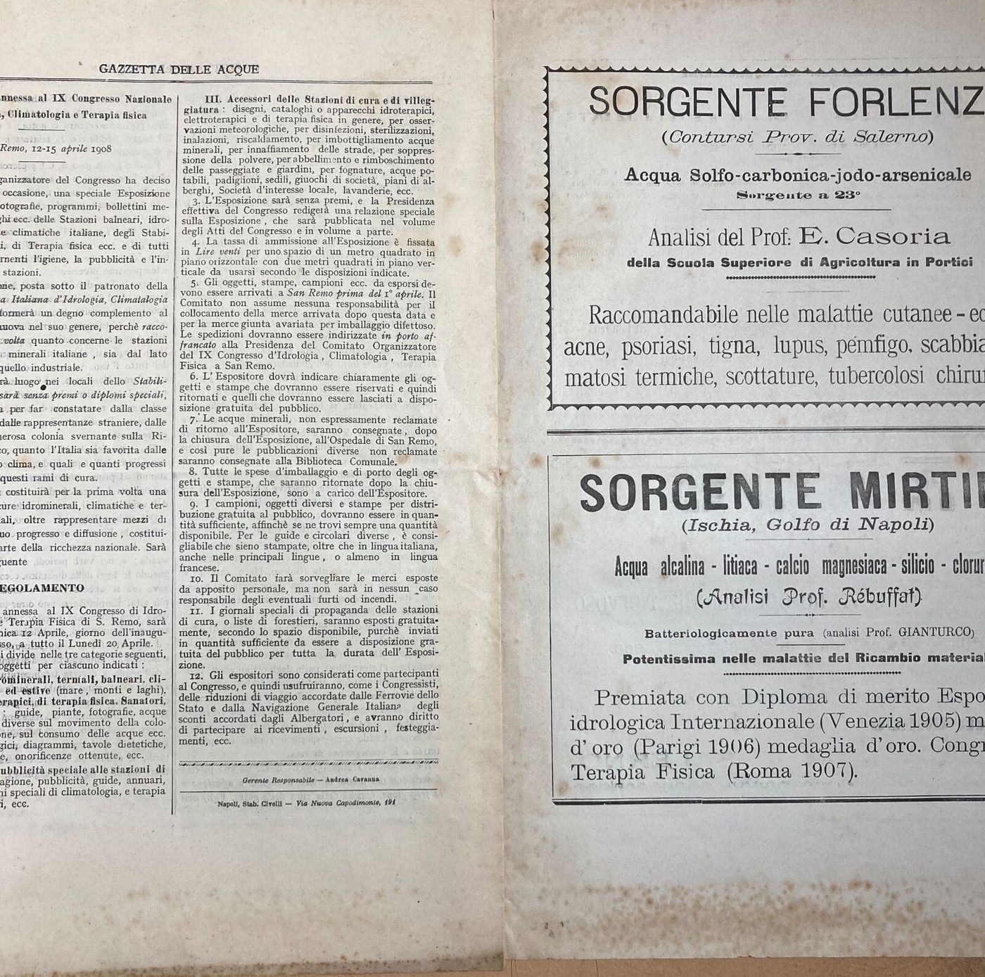 Napoli: Medicina, Igiene Sanitaria, Gazzetta Delle Acque, Idrologia E Climatologia, 1908
