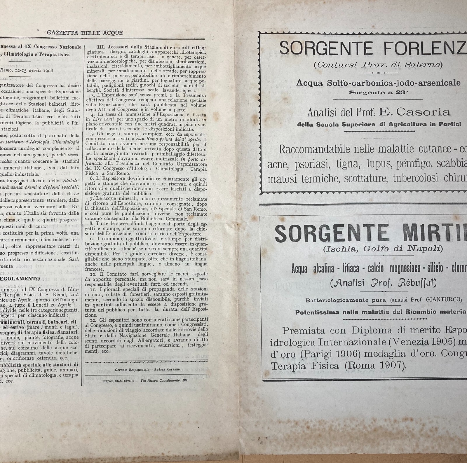 Napoli: Medicina, Igiene Sanitaria, Gazzetta Delle Acque, Idrologia E Climatologia, 1908