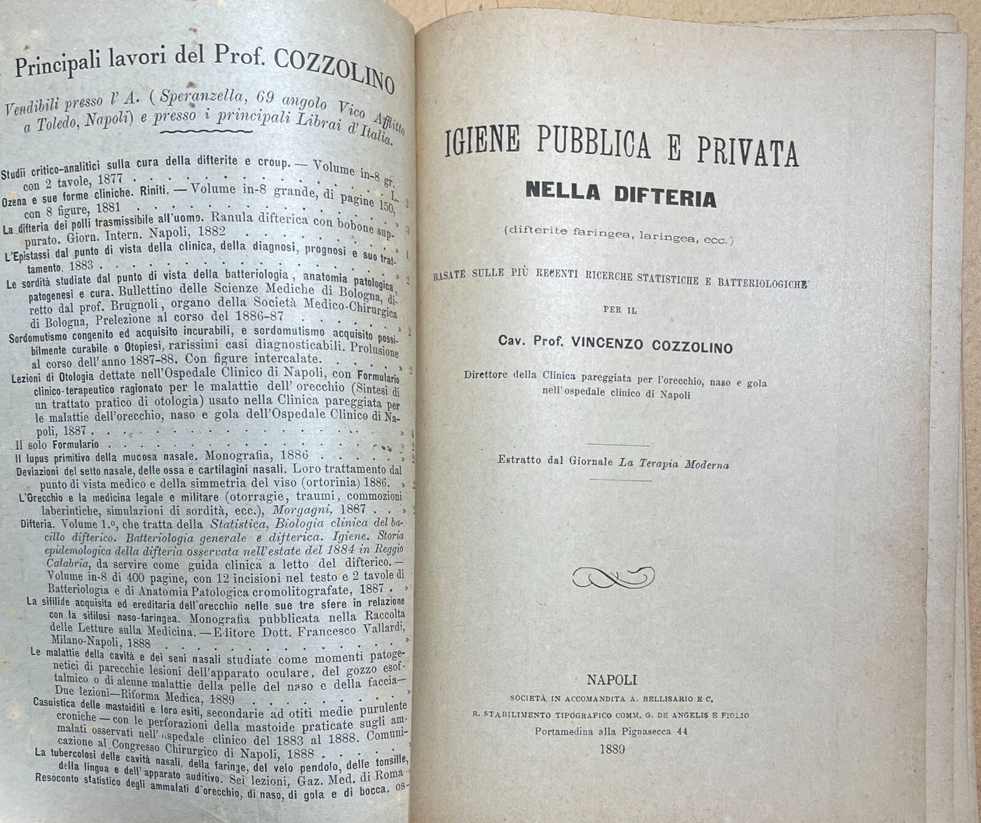 Napoli, Medicina, Igiene, Difteria, Otorinolaringoiatria: Vincenzo Cozzolino, Antica Edizione
