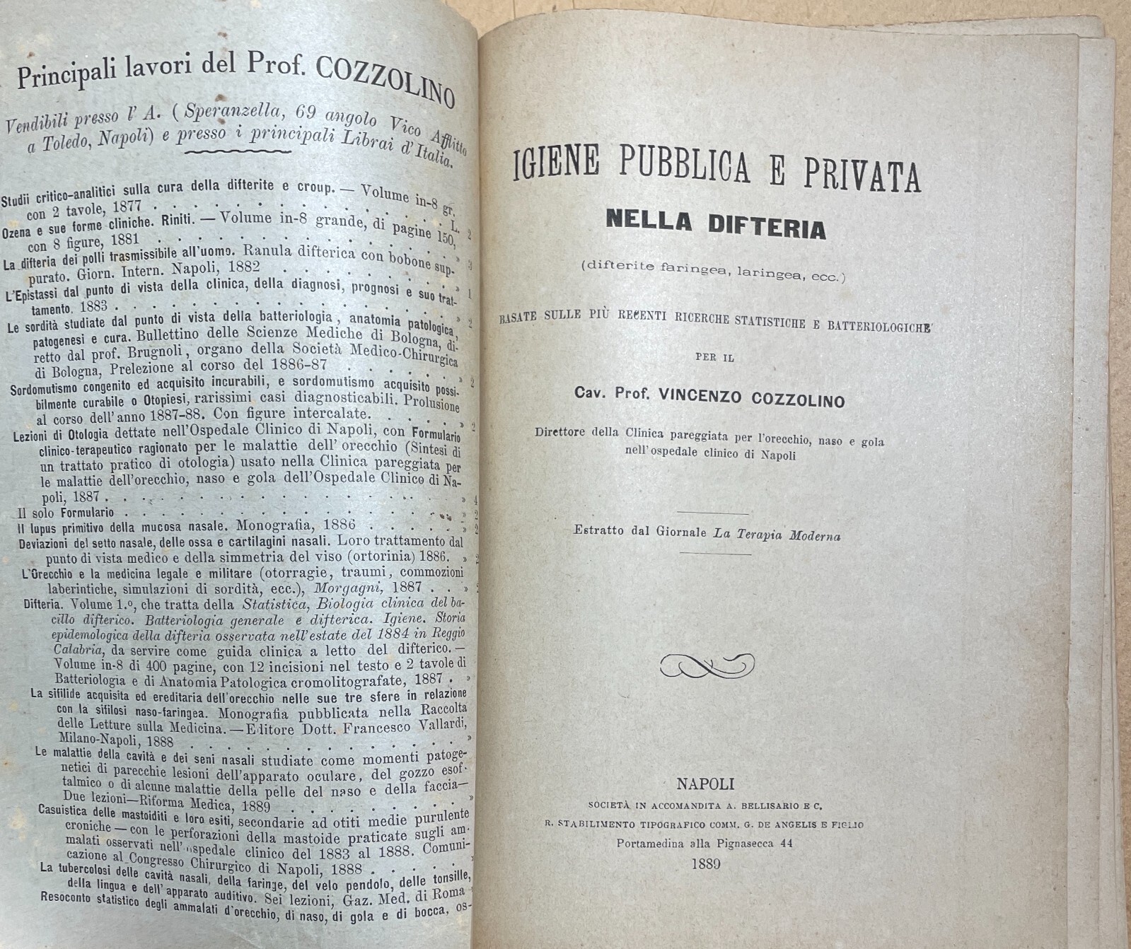 Napoli, Medicina, Igiene, Difteria, Otorinolaringoiatria: Vincenzo Cozzolino, Antica Edizione