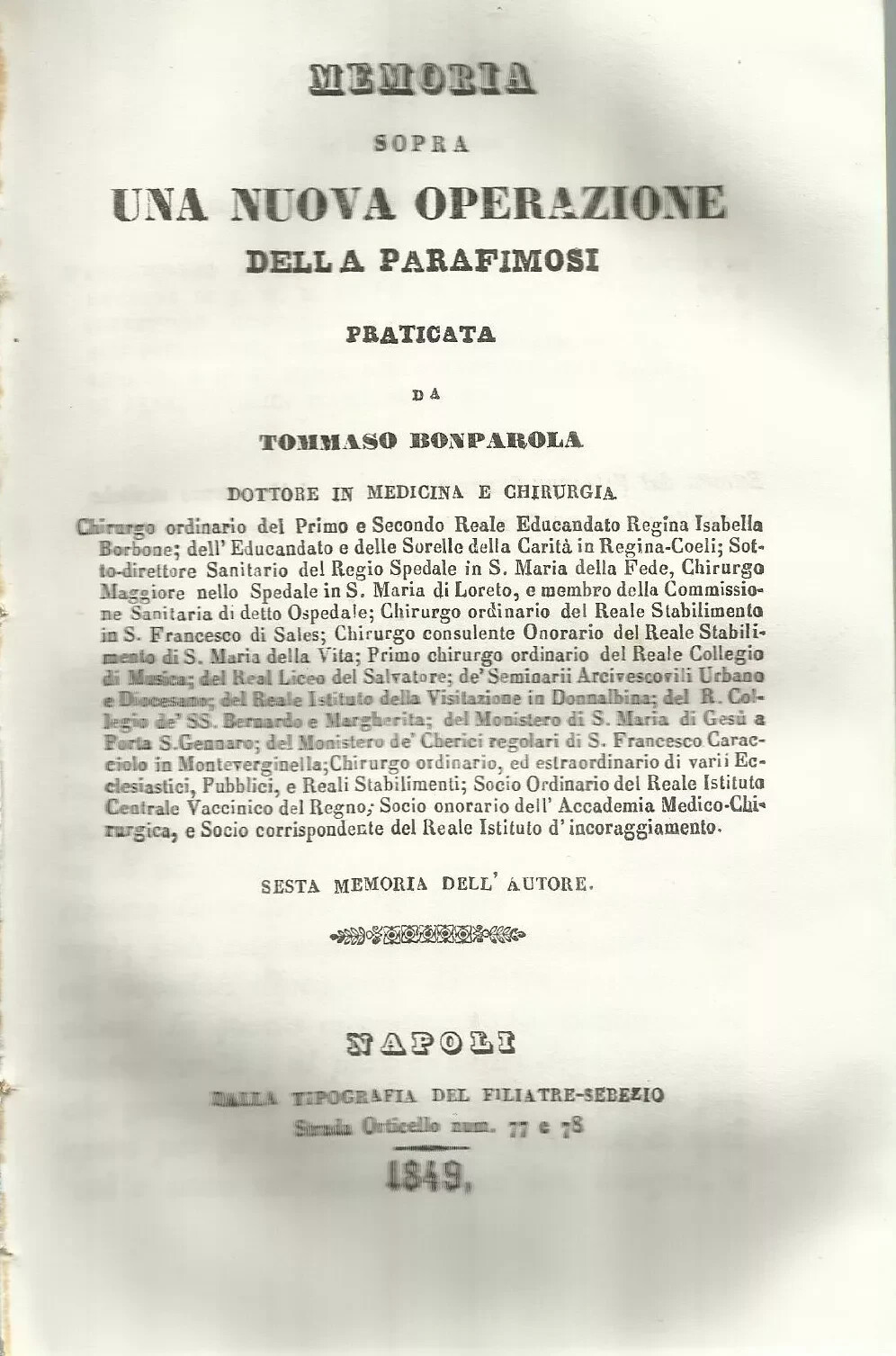 Medicina, Chirurgia E Urologia: Memoria Sulla Parafimosi Di Tommaso Bonparola, 1849