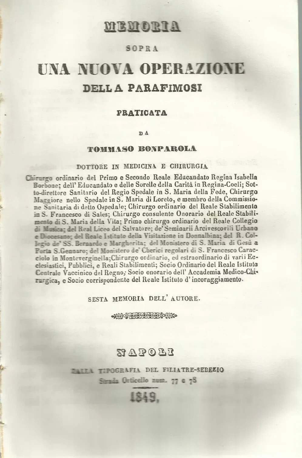 Medicine, Surgery and Urology: Memoir on Paraphimosis by Tommaso Bonparola, 1849