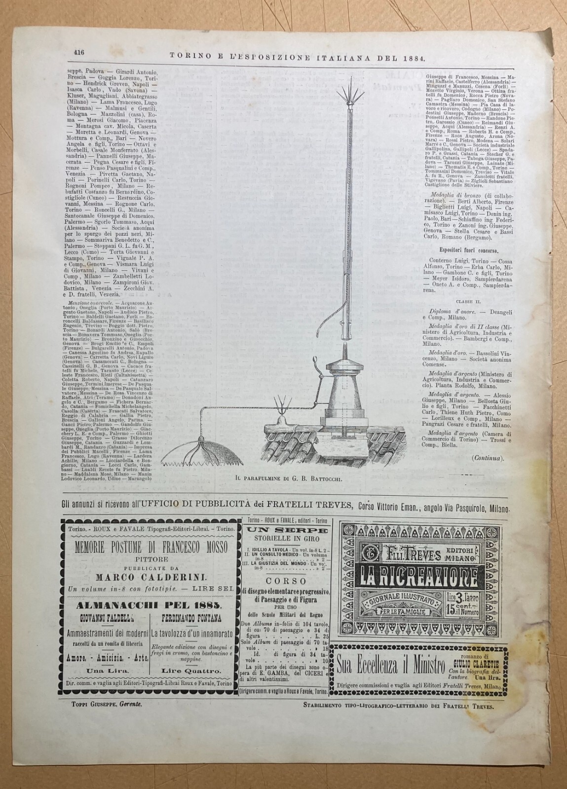 Antica Strumentazione Scientifica: Parafulmine Del Battocchi. Illustrazione, 1884