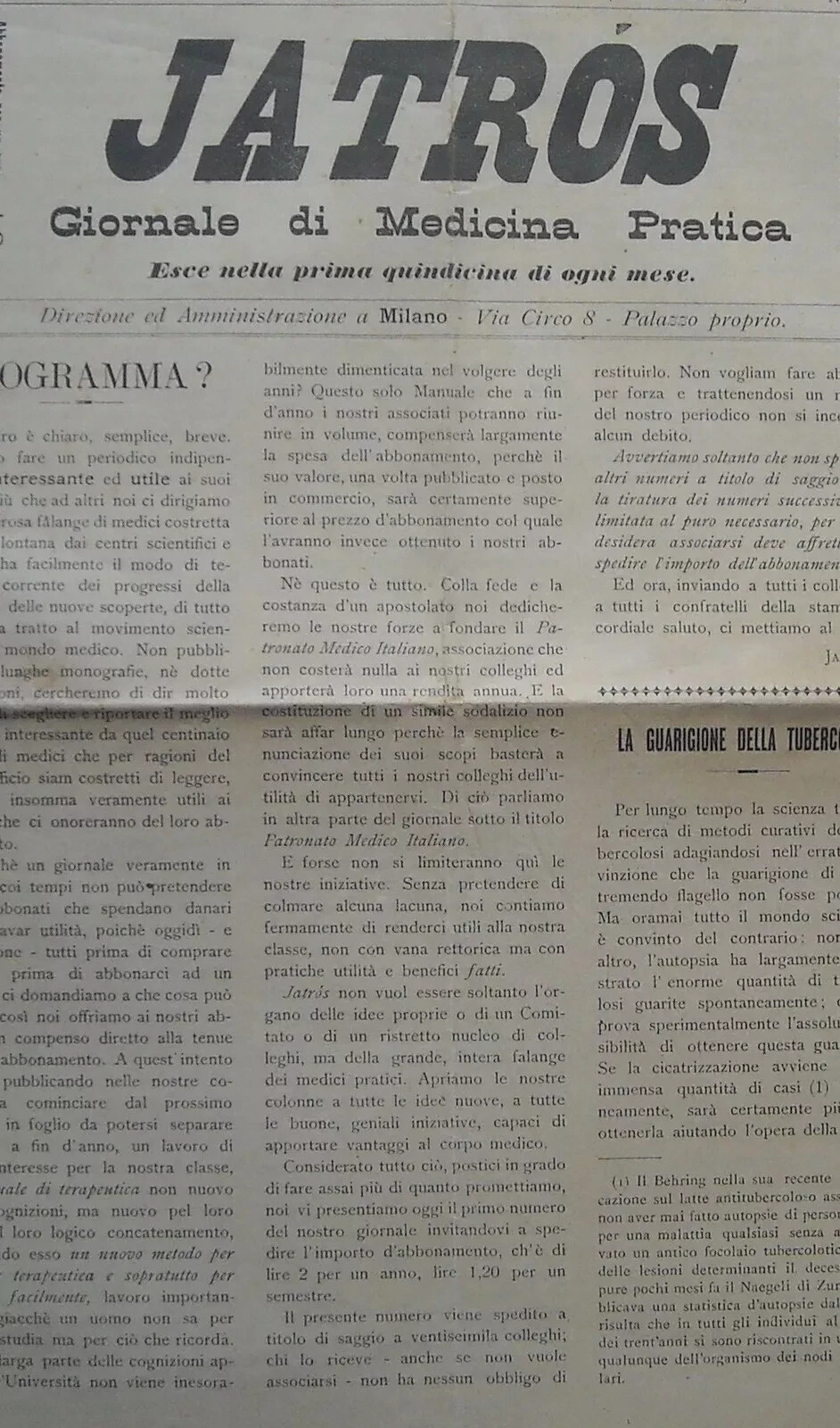 Medicina Pratica. Jatros, Antico Periodico. Milano, Tubercolosi, Atropina, Pediatria