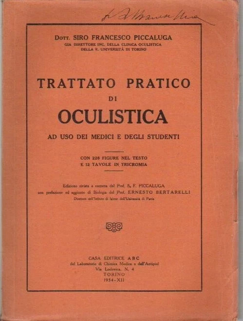 Trattato Pratico Di Oculistica Siro Francesco Piccaluga 1934