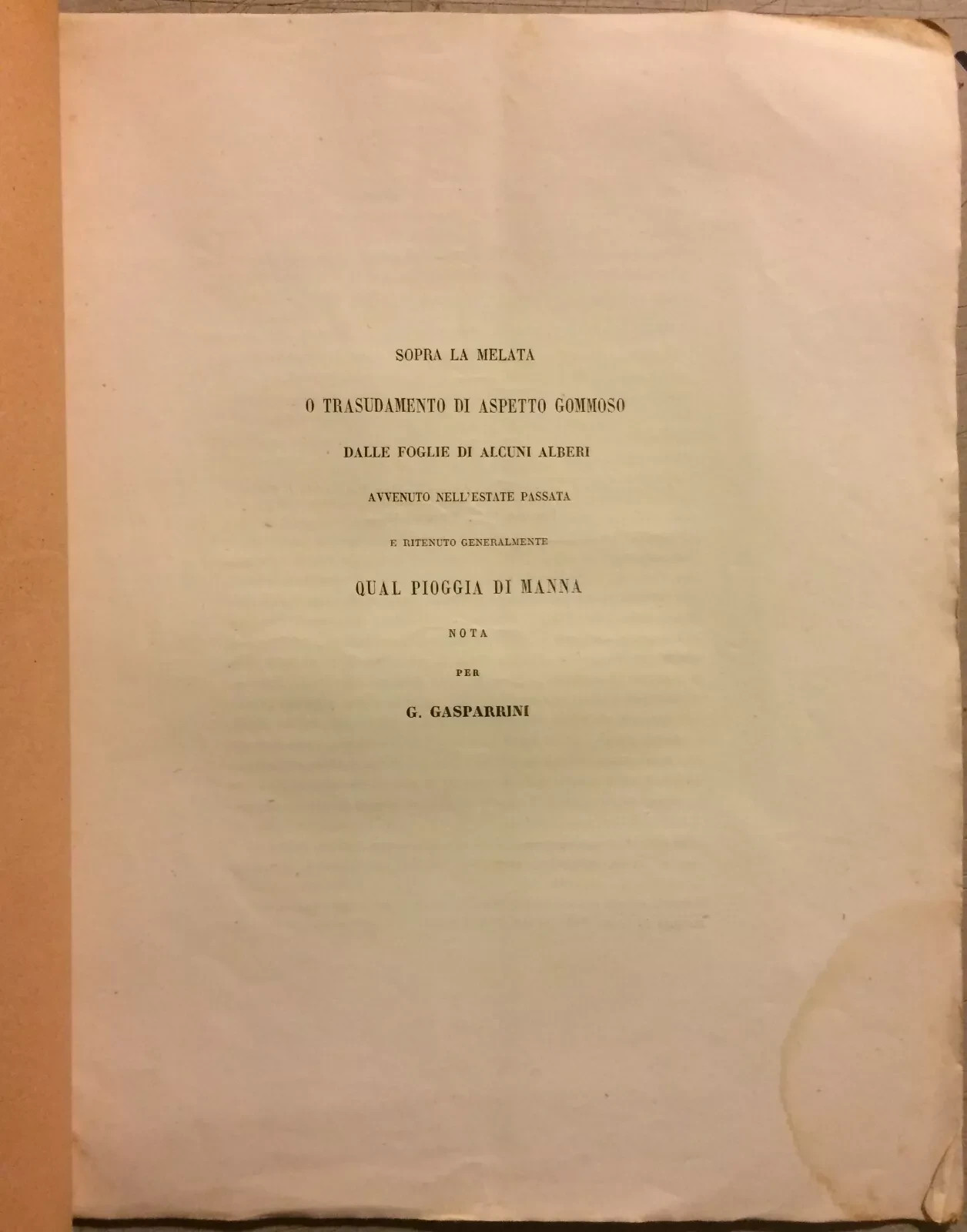 Scienze Naturali: Botanica, Melata, Pioggia Di Manna. Gasparrini, Cilento, Salerno (1863)